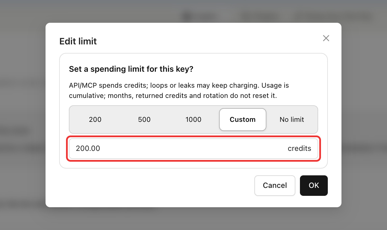 You can change the cap on the API keys page at any time; it's the key's cumulative total