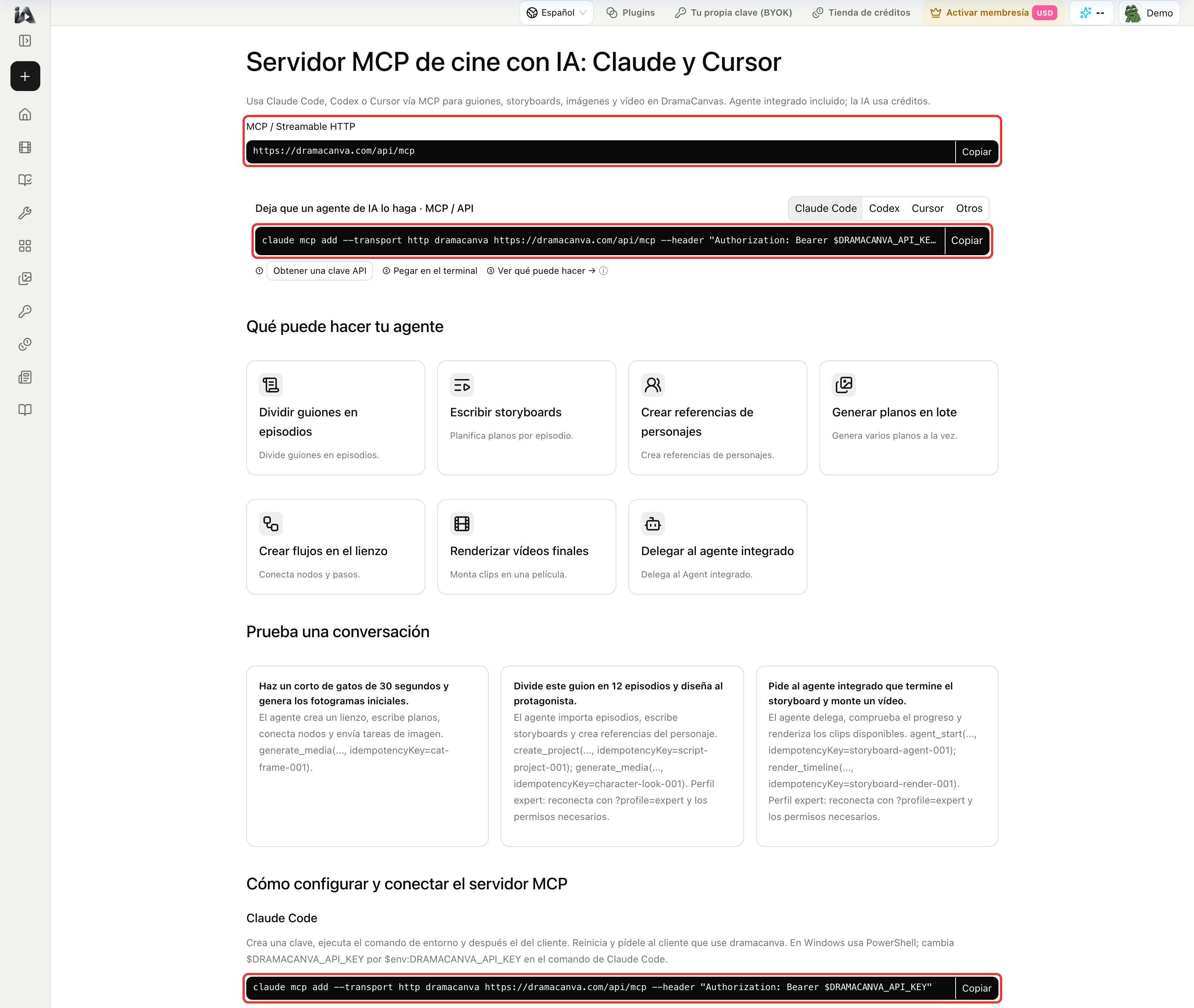 Panel de DramaCanvas MCP con la URL del servidor y los comandos de configuración para Claude Code, Codex y Cursor
