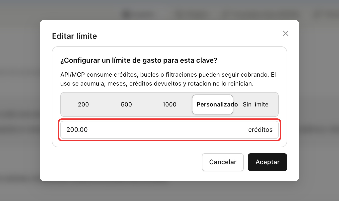 El límite acumulado de la clave de API puede modificarse en cualquier momento desde el panel de control