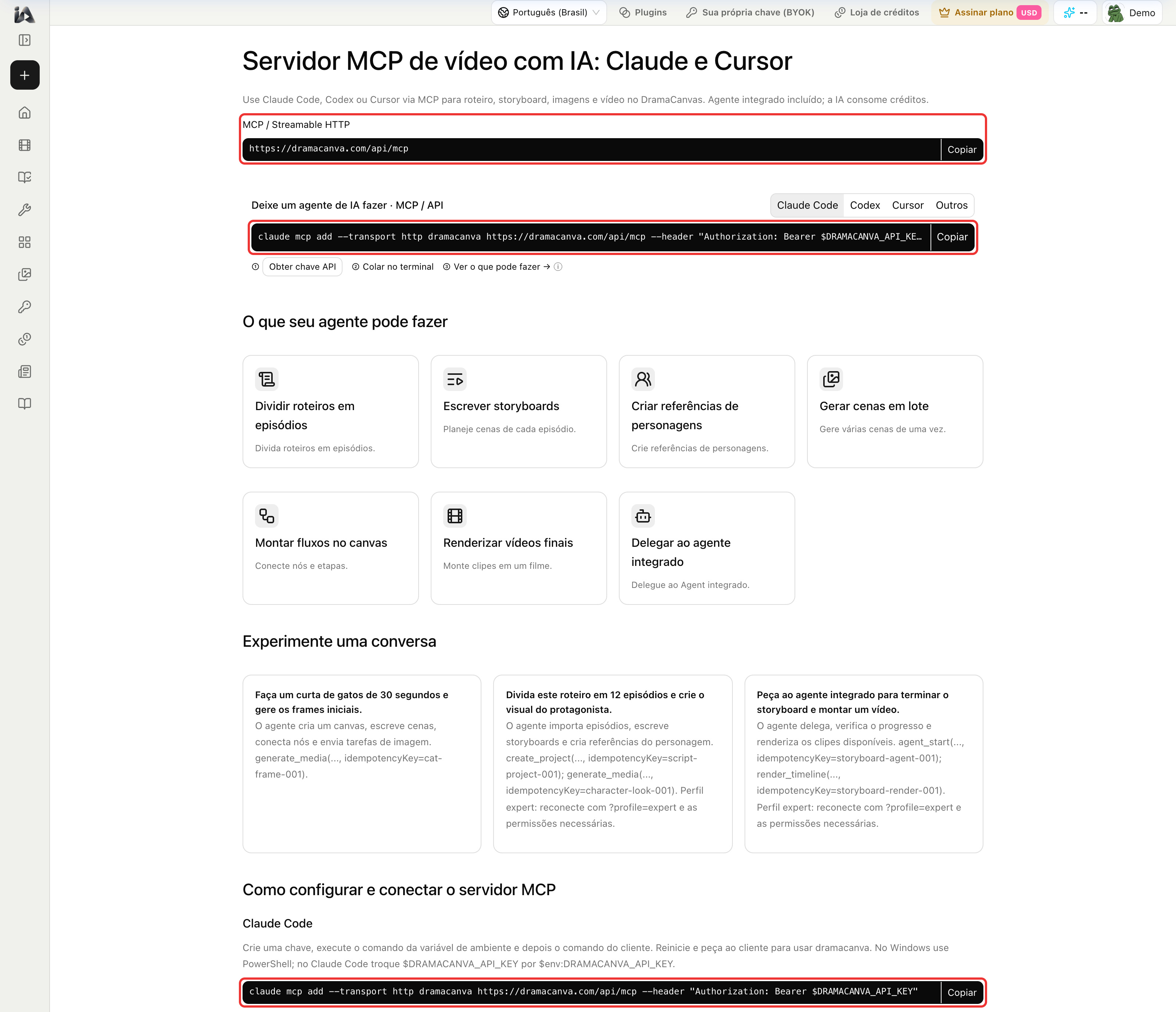 Página do DramaCanvas MCP: endereço do servidor e comandos de configuração para Claude Code, Codex e Cursor