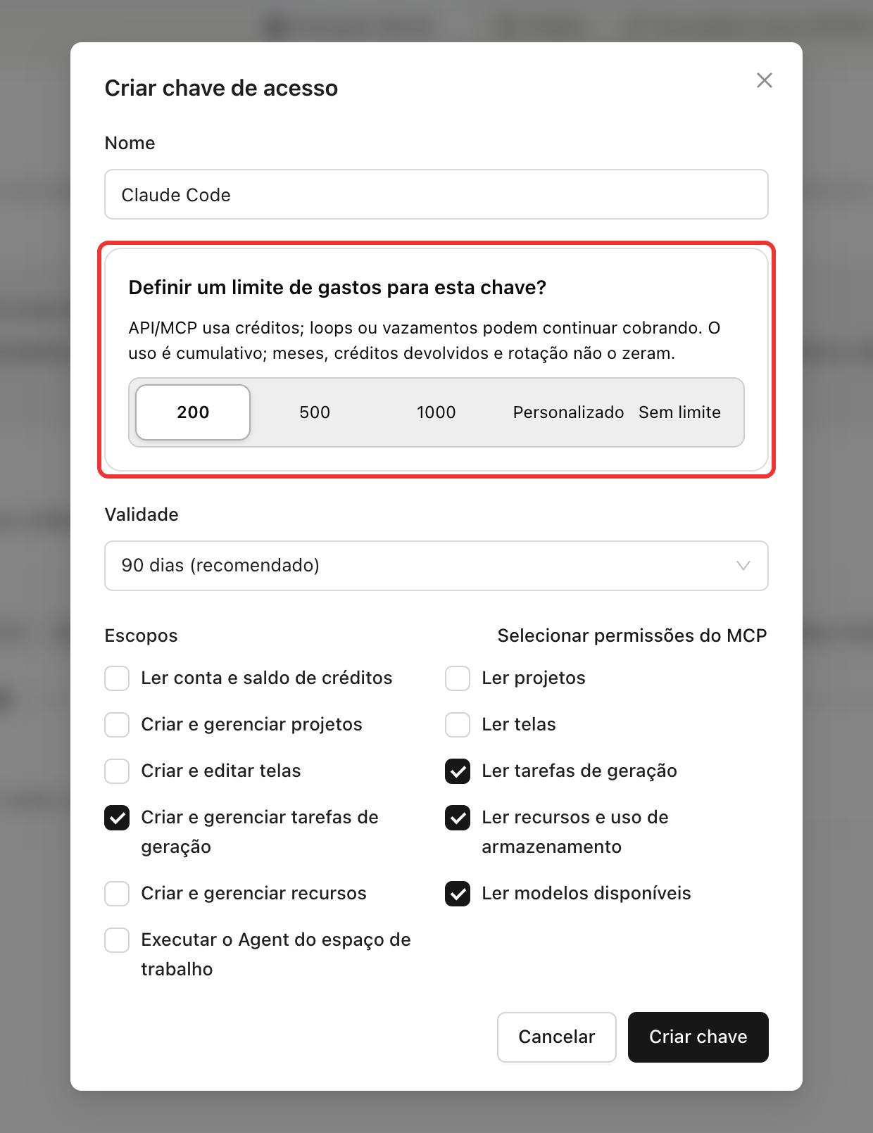 Definição do teto de 200 créditos ao criar a chave; ao atingir a cota, a chave bloqueia novas chamadas pagas