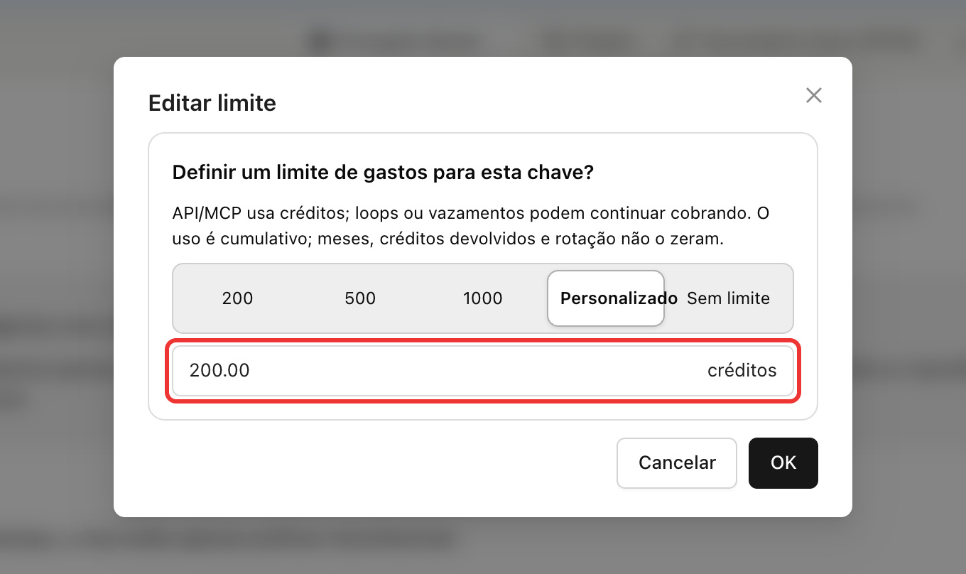 O teto pode ser alterado a qualquer momento no painel de chaves; o valor representa o total cumulativo da credencial