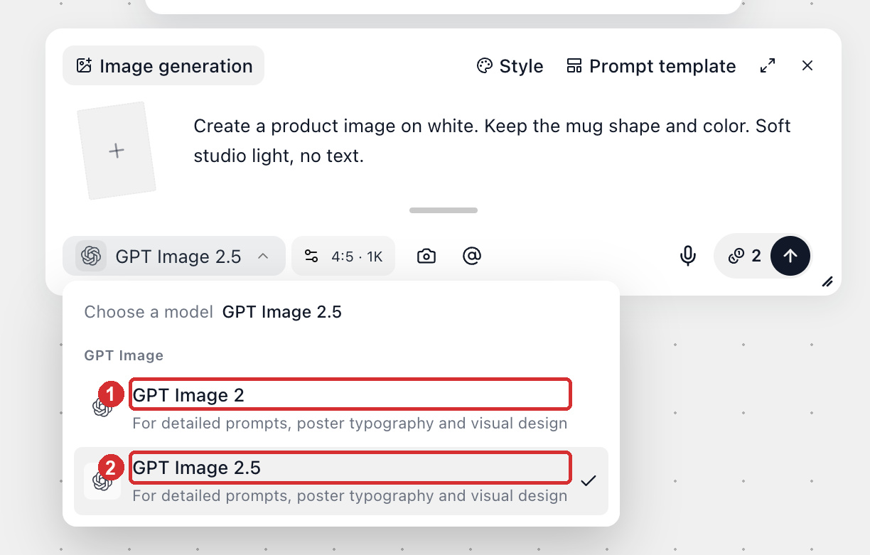 Choosing GPT Image 2.5 in the image node's model picker