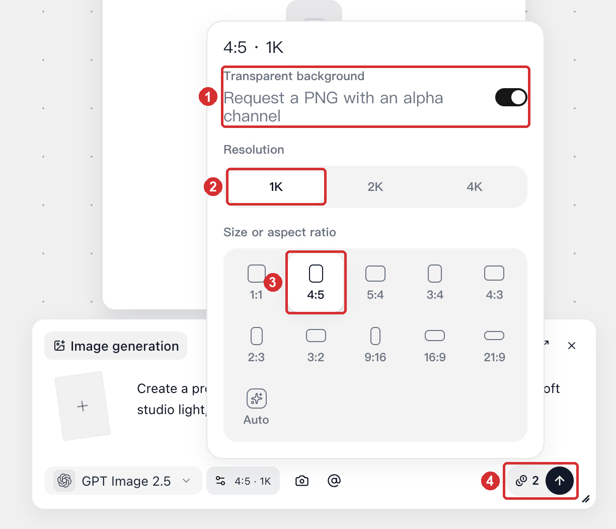 Choosing size or ratio and resolution in Image settings