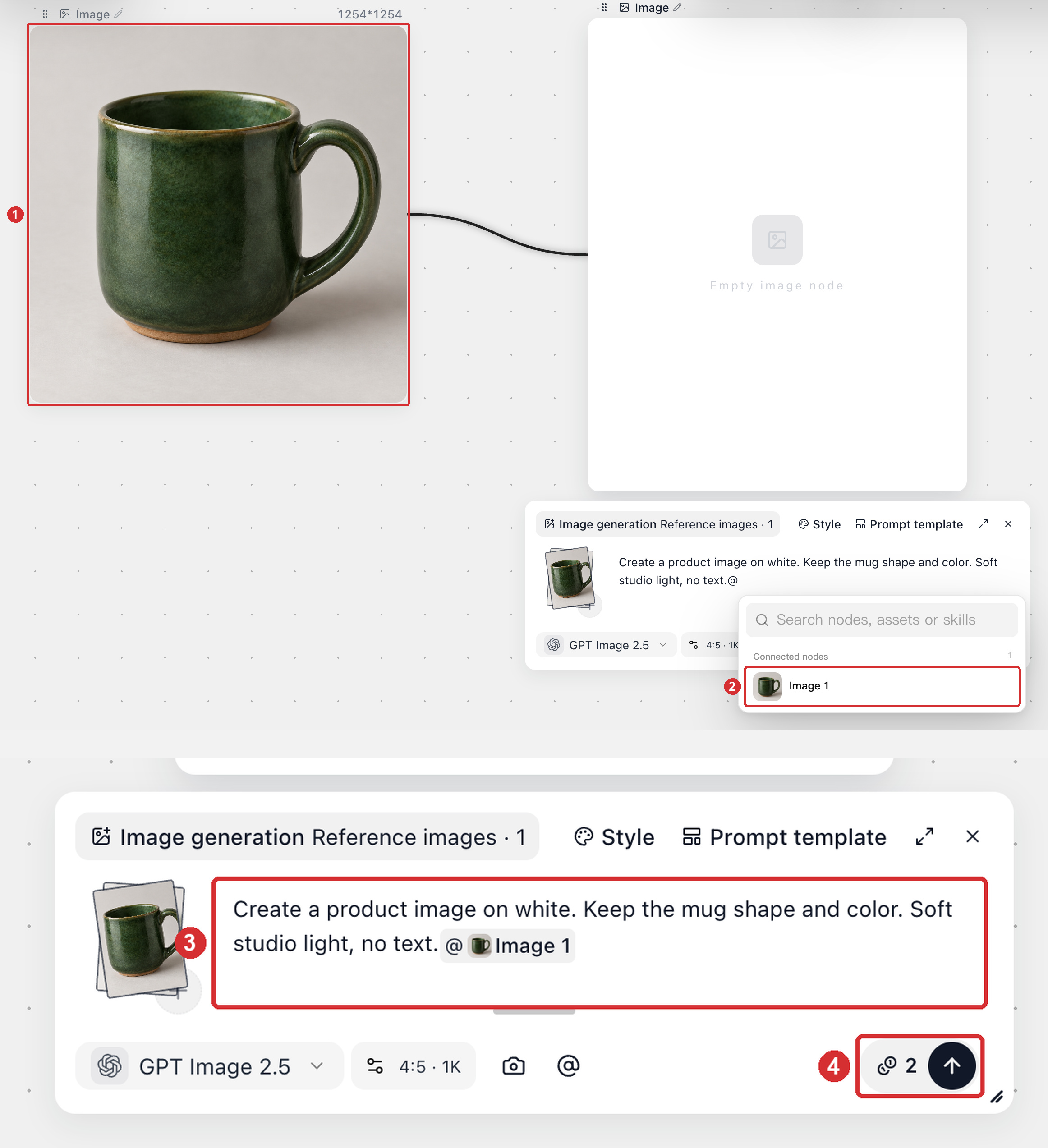 A reference image connected to a new image node and referenced in the prompt with @