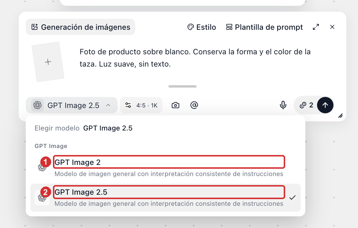 Selección de GPT Image 2.5 en el selector de modelo del nodo de imagen