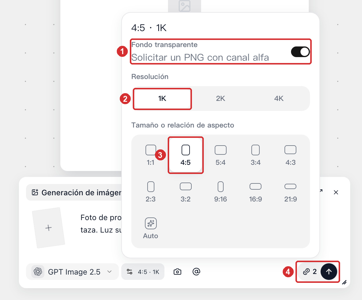 Selección de tamaño o relación de aspecto y resolución en Ajustes de imagen