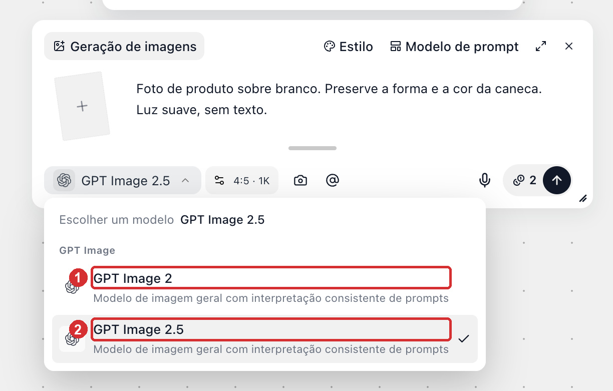 Seleção do GPT Image 2.5 no seletor de modelos do nó de imagem