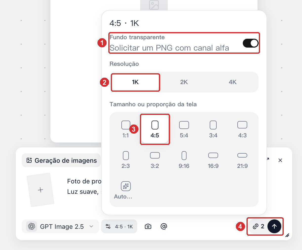 Escolha de tamanho ou proporção da tela e resolução em Configurações de imagem