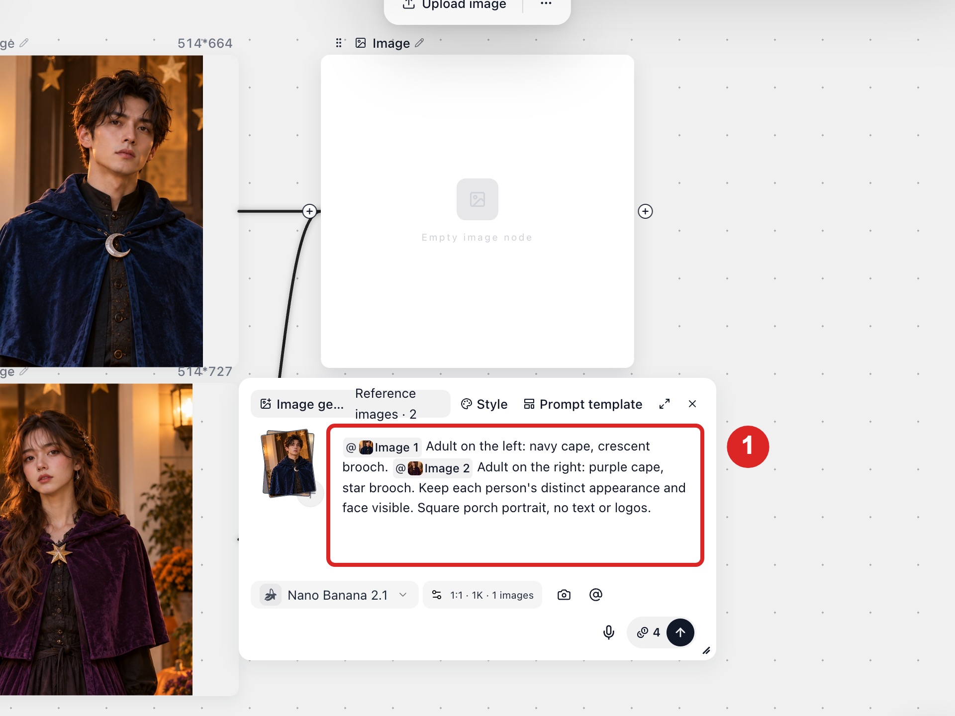 Pick Image 1 and Image 2 from the @ menu and give each one a position and outfit