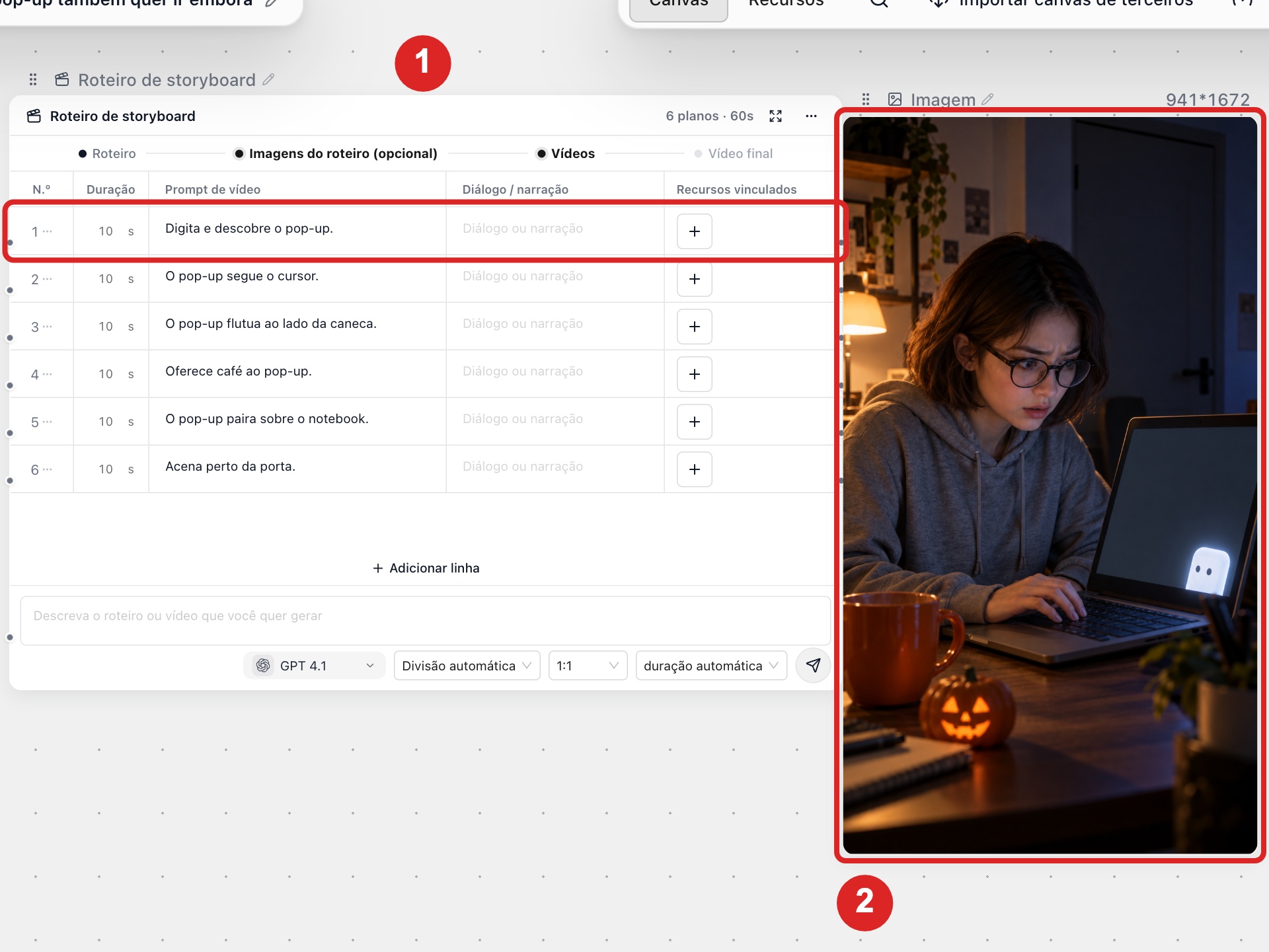 Tabela de storyboard com seis linhas editáveis e o botão Gerar storyboard em destaque
