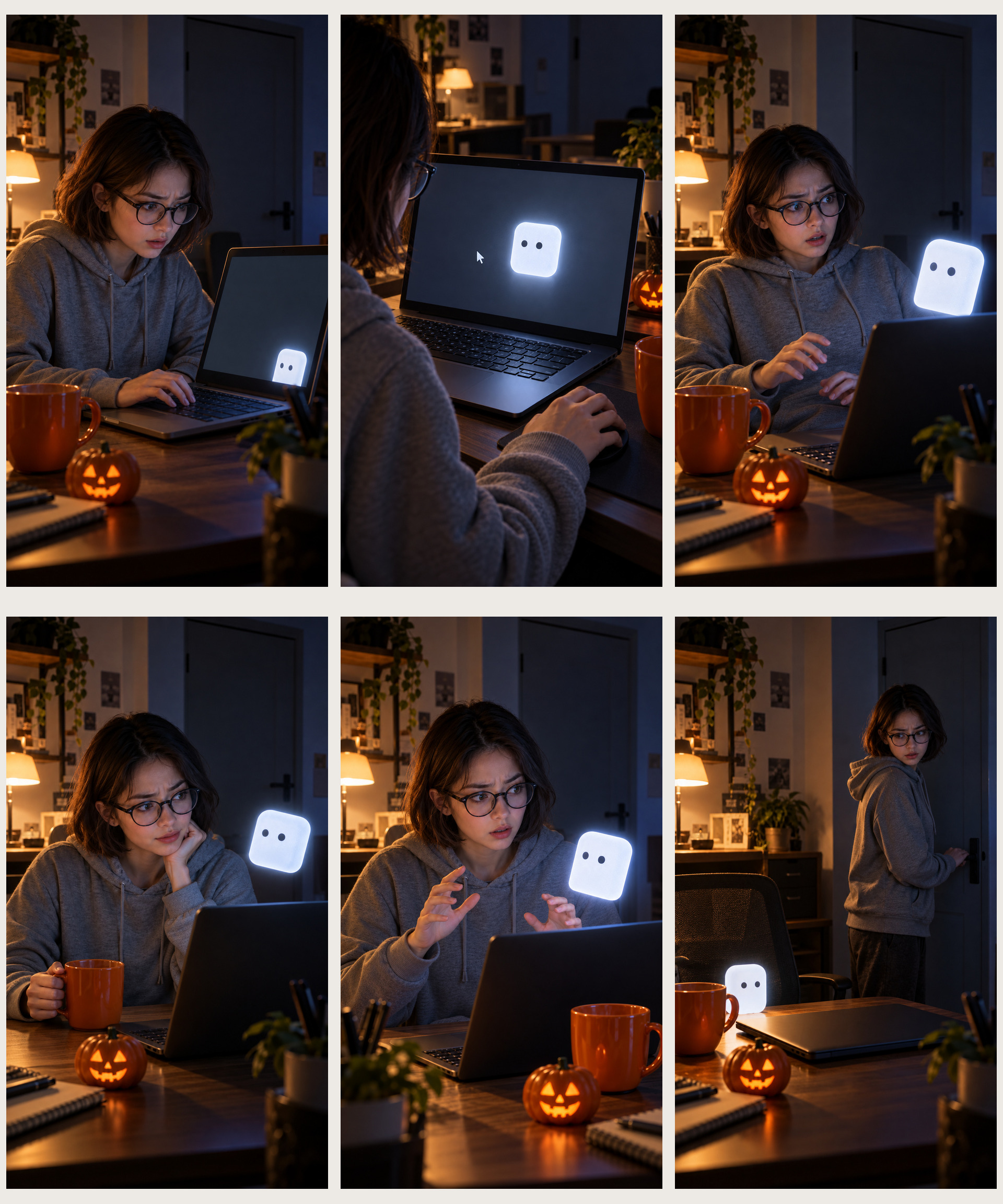 Primeiros quadros dos seis planos do curta de terror de Halloween: o mesmo protagonista e a mesma caixa branca sem texto ao longo de todo o filme