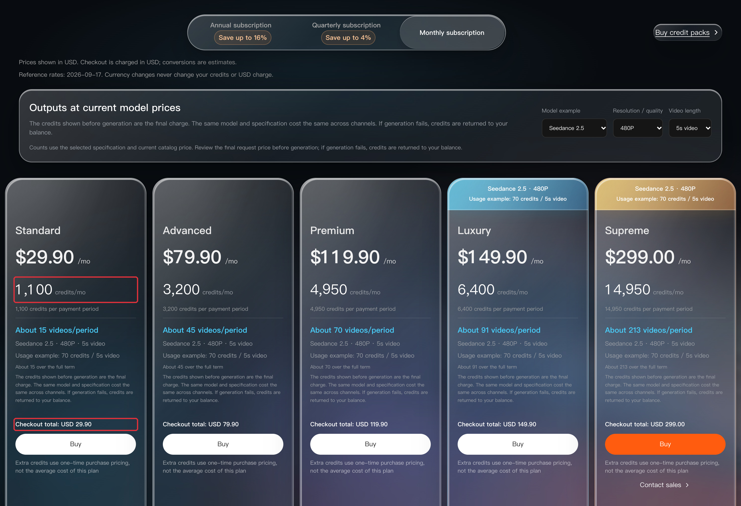 The DramaCanvas pricing page: subscriptions and credit packs, all billed in US dollars