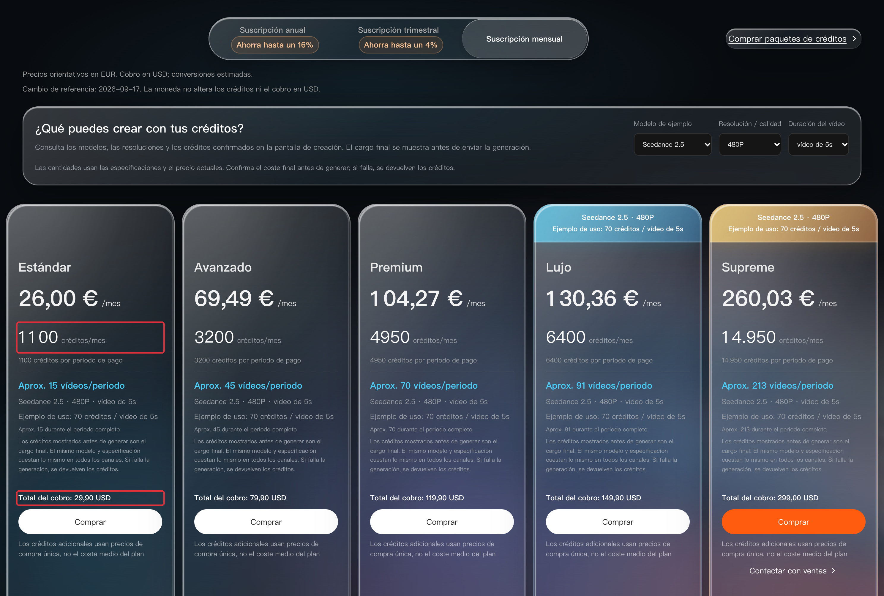 Página de precios de DramaCanvas: suscripciones y paquetes de créditos facturados en dólares estadounidenses