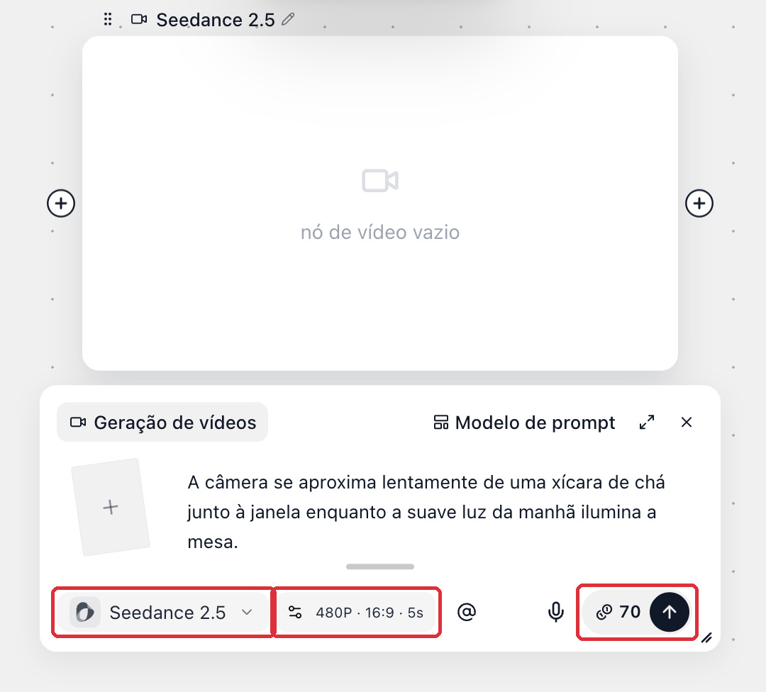 Antes de gerar, o botão ↑ no canto inferior direito da caixa de prompt mostra a cobrança exata em créditos para a tarefa