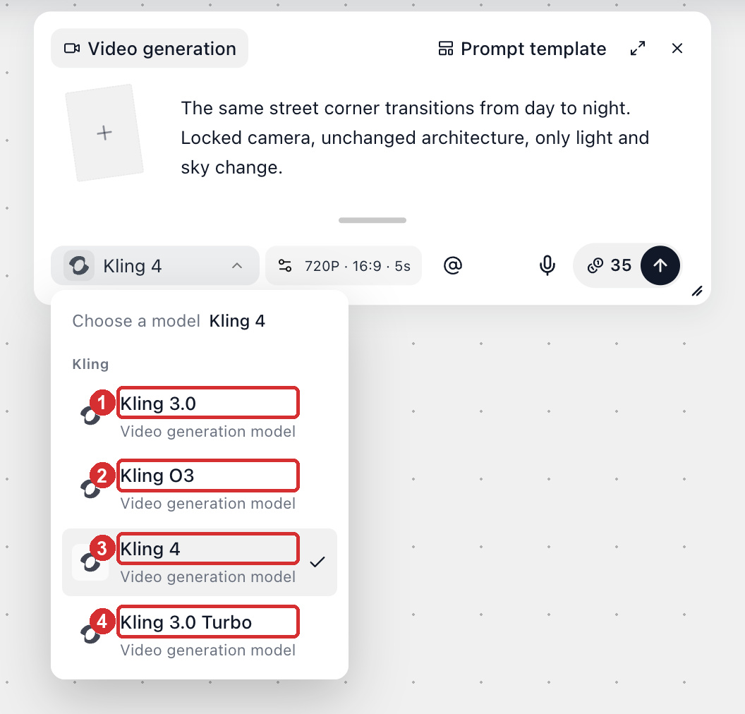 Choosing a Kling version in the video node's model picker