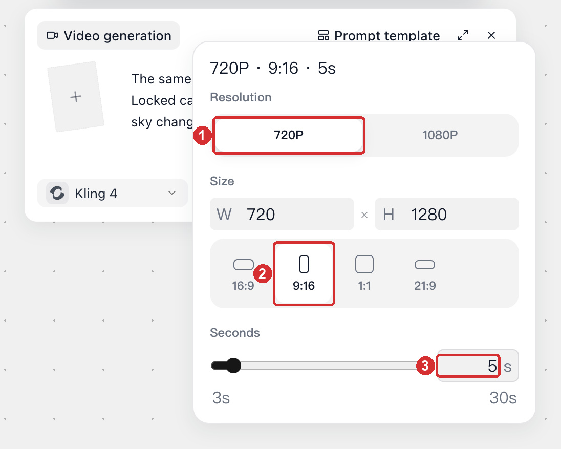 Setting the resolution, size (aspect ratio) and seconds in the video settings