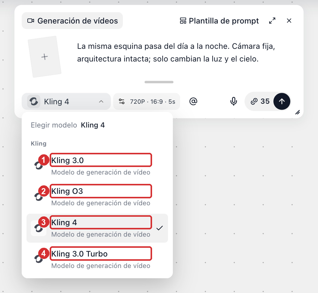 Selección de una versión de Kling en el selector de modelos del nodo de vídeo