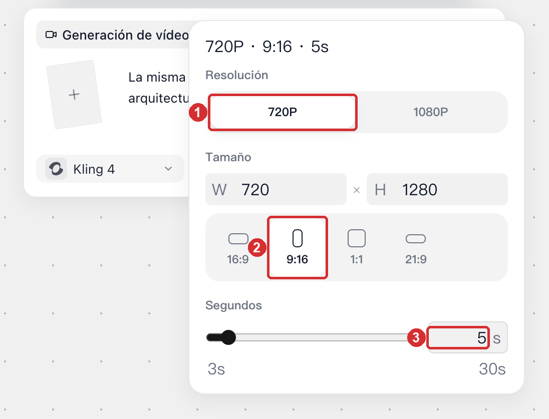 Configuración de la resolución, el tamaño (relación de aspecto) y los segundos en los ajustes de vídeo