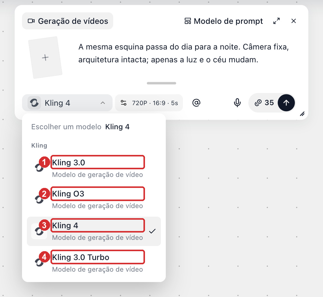 Escolha de uma versão do Kling no seletor de modelos do nó de vídeo