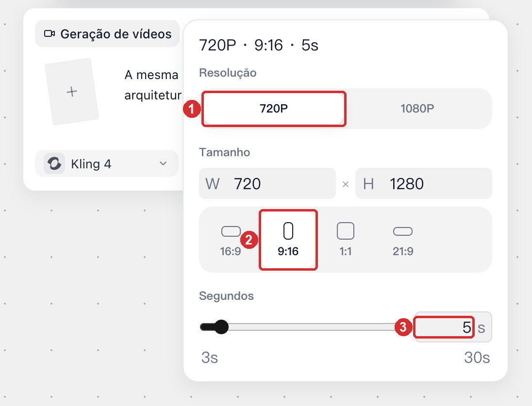 Ajuste de resolução, tamanho (proporção) e segundos nas configurações de vídeo