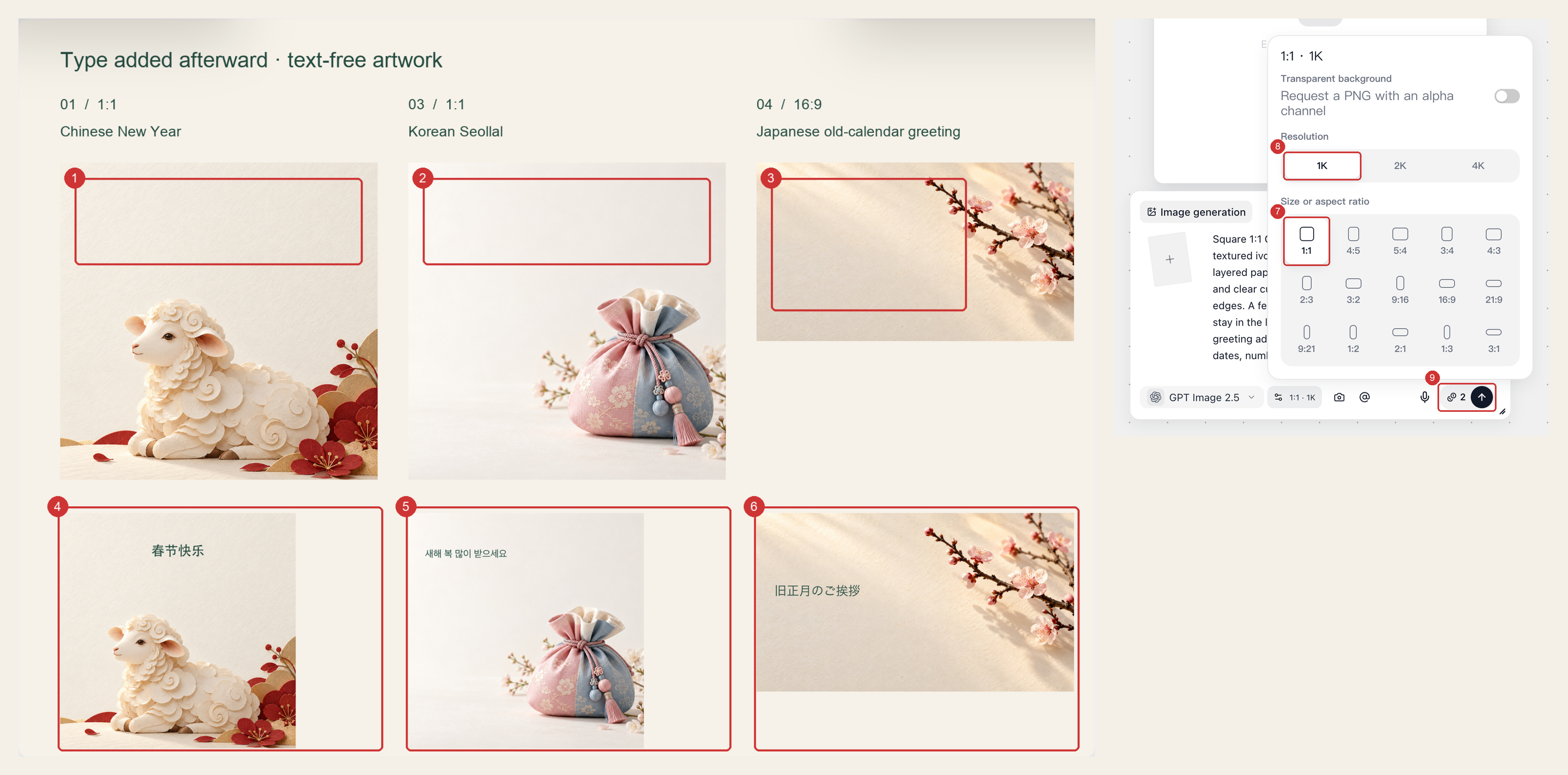 Chinese New Year sheep card, Korean Seollal pouch card, and Japanese old-calendar plum card, each with its own message area and separately added type