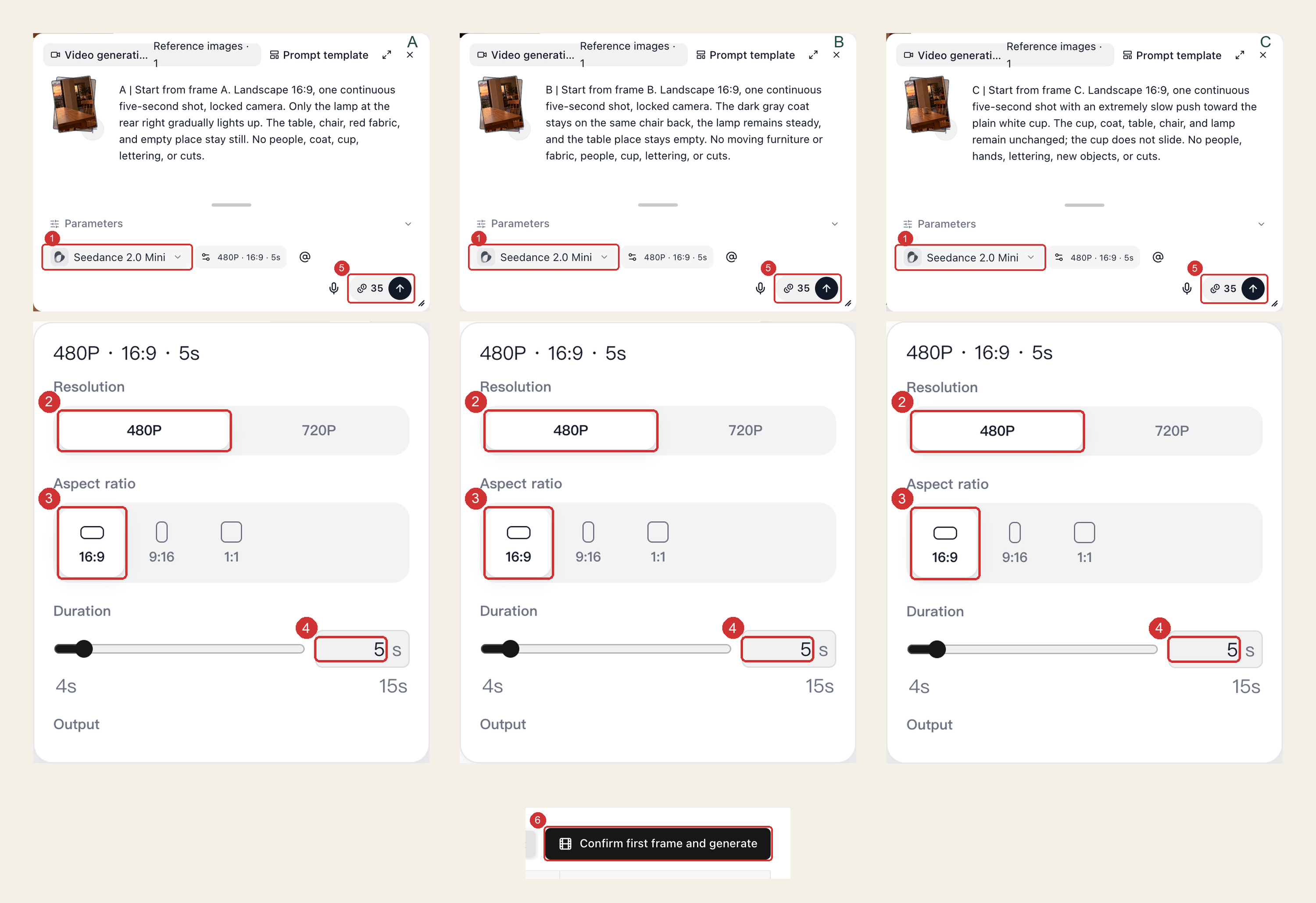 Three Seedance 2.0 Mini video nodes set to 480p, 16:9, and five seconds before submission, with each 35-credit quote highlighted