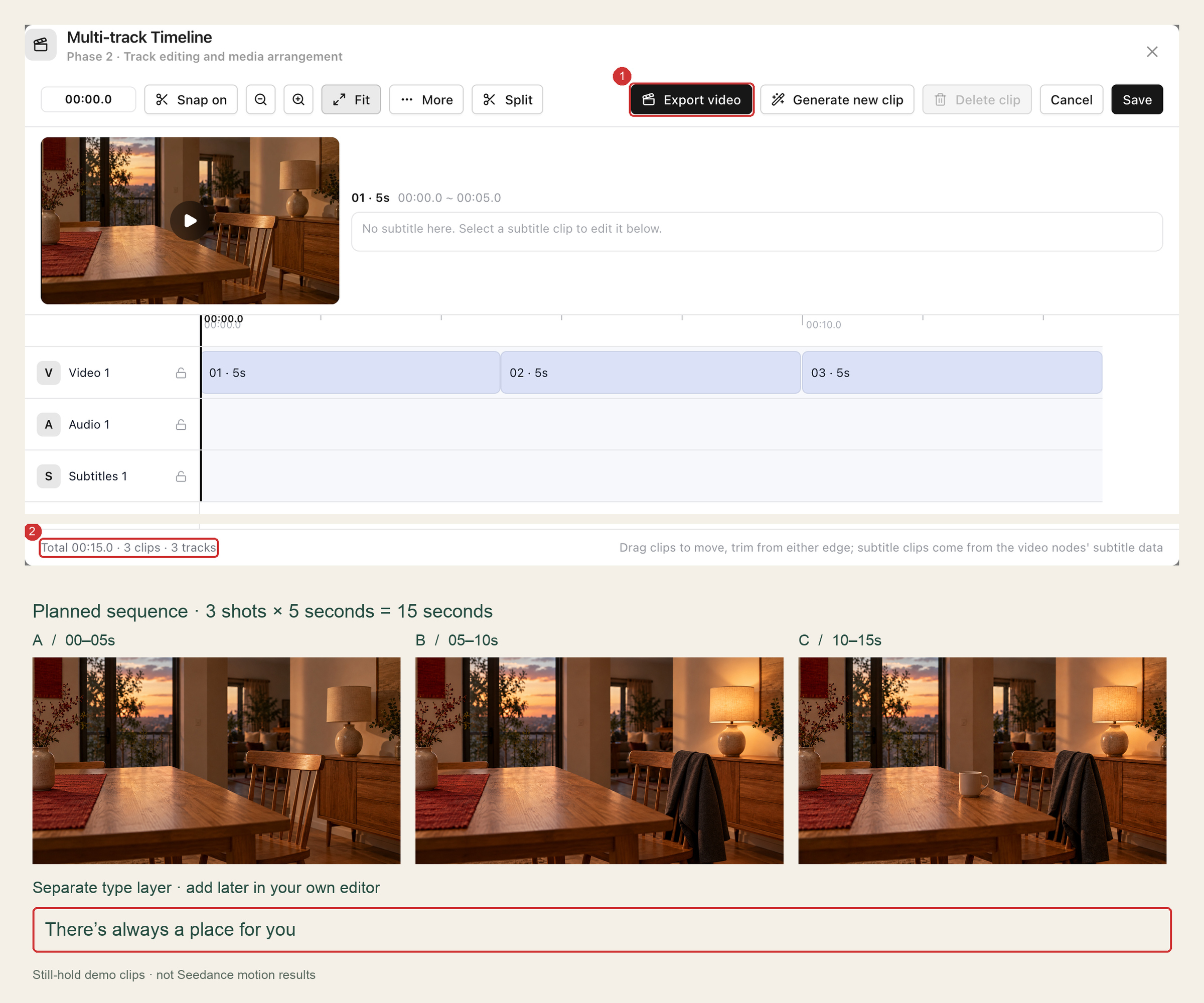 A, B, and C in order, the planned 15-second sequence and actual timeline length, Export video, and a separate greeting layer for finishing afterward