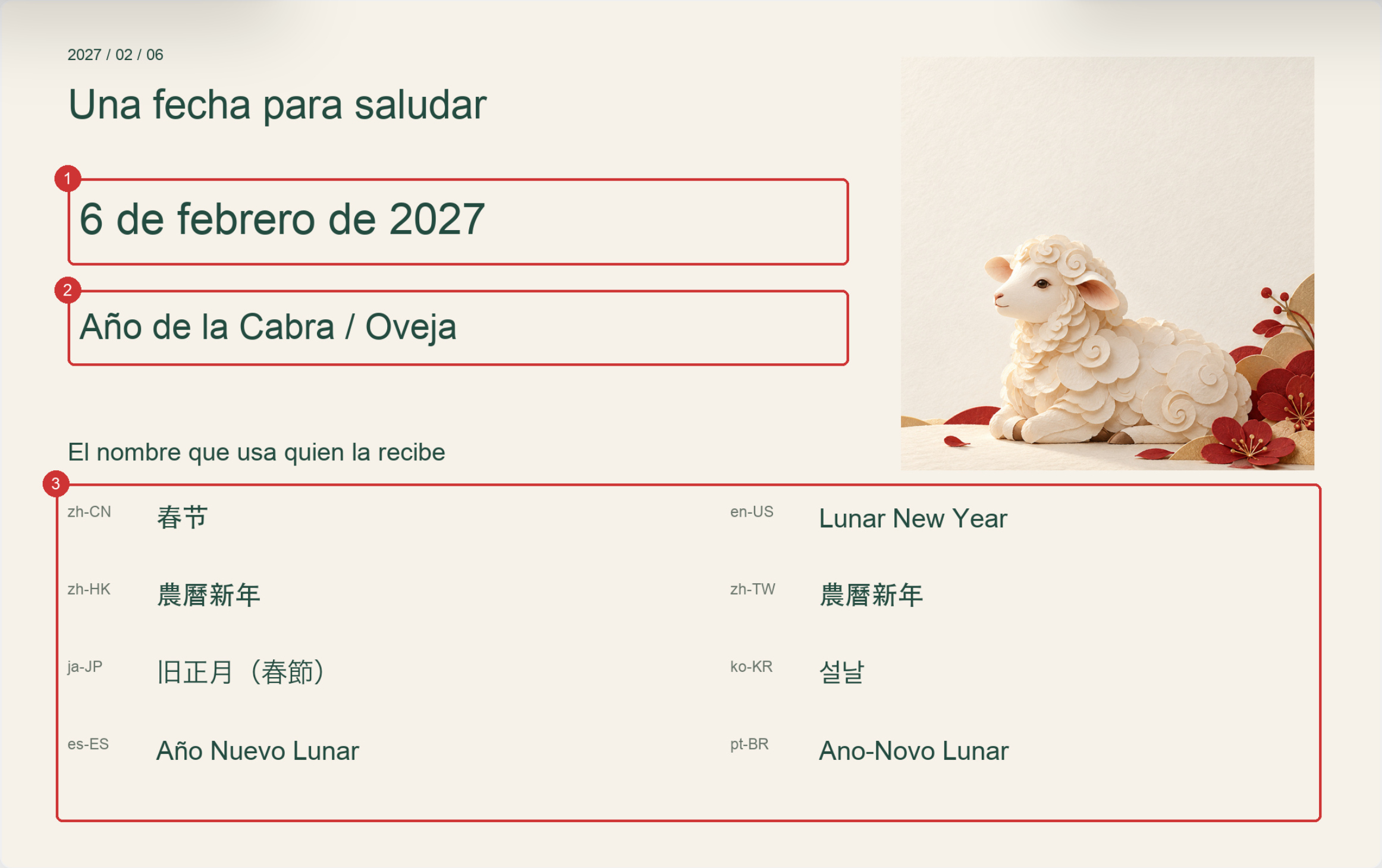 Referencia de calendario y felicitaciones que destaca el 6 de febrero de 2027, el año zodiacal de la cabra y los nombres de la festividad en ocho idiomas