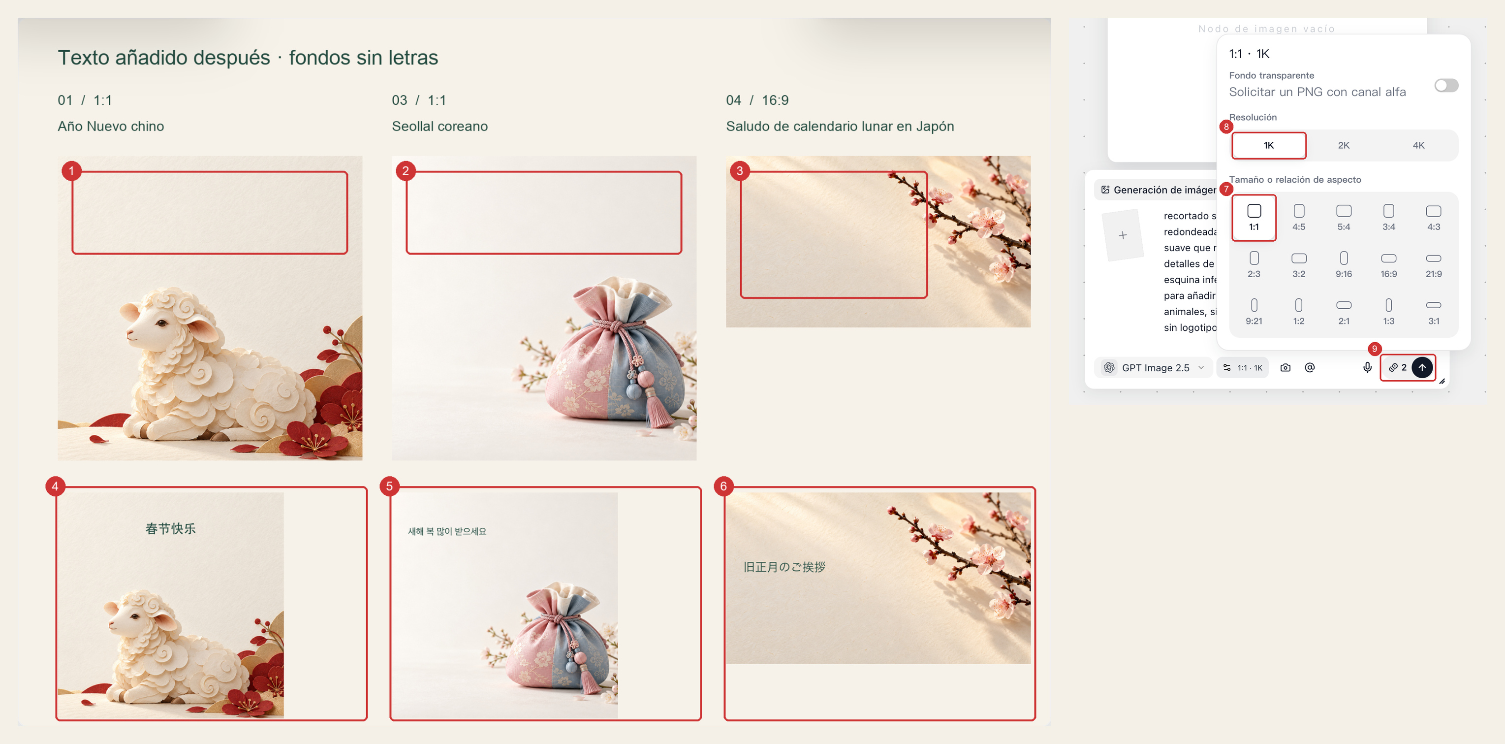 Postal de la oveja para el Año Nuevo Chino, saquito de Seollal coreano y rama de ciruelo para el antiguo calendario japonés, cada una con su área de mensaje y texto añadido por separado