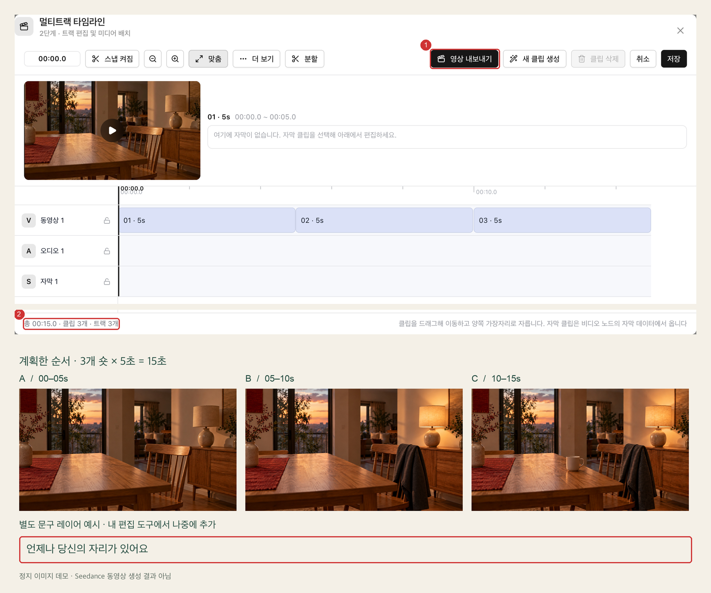 A, B, C 순서로 배치된 15초 기획 타임라인과 실제 길이, 영상 내보내기 버튼 및 후가공을 위한 별도 자막 레이어