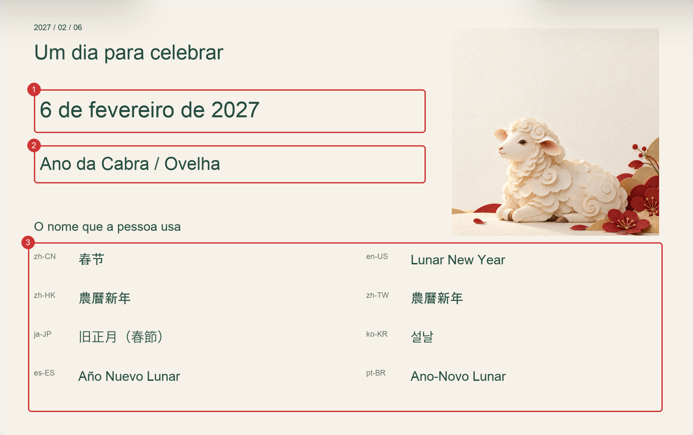 Referência de calendário e saudações destacando 6 de fevereiro de 2027, o Ano da Cabra/Carneiro e o nome da celebração em oito idiomas