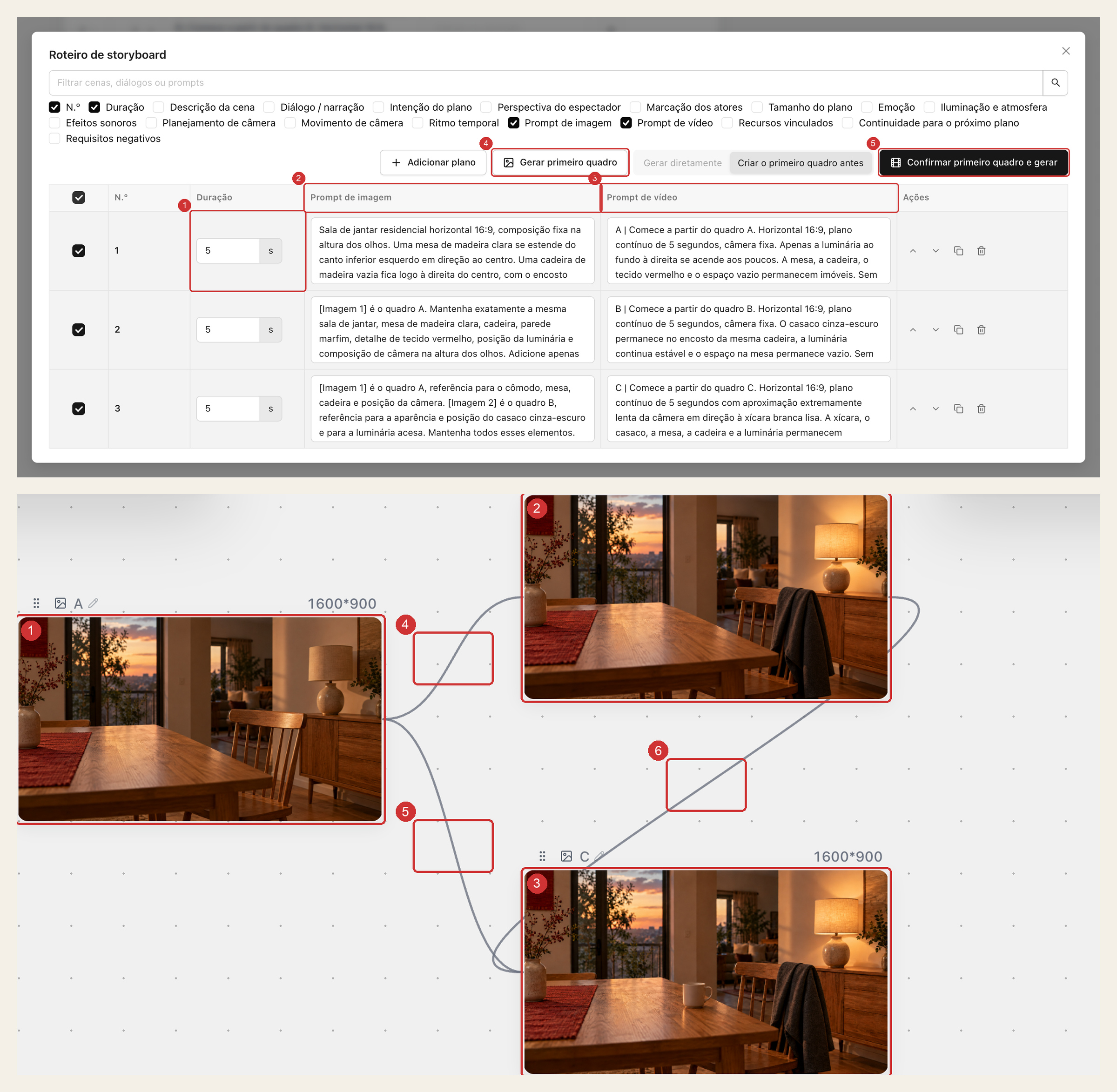 Três linhas de 5 segundos com prompts de imagem e vídeo separados, além das conexões de referência A→B, A→C e B→C