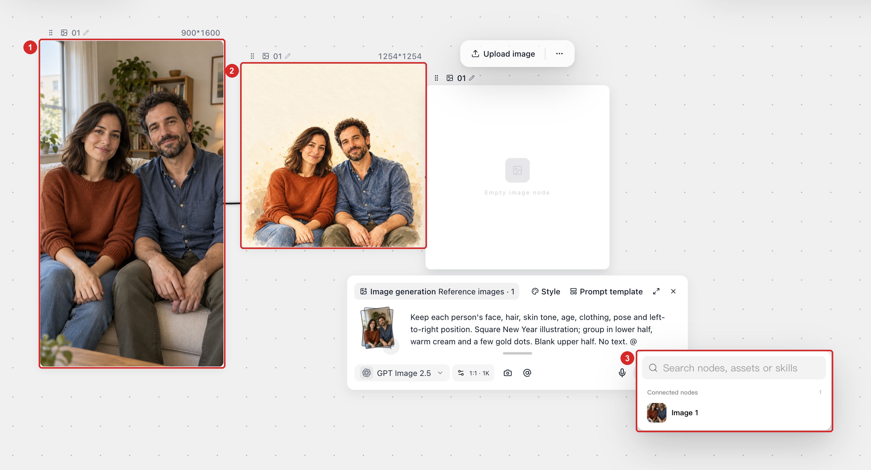 Family photo connected to an Image node, the matching @ thumbnail, and a side-by-side face comparison