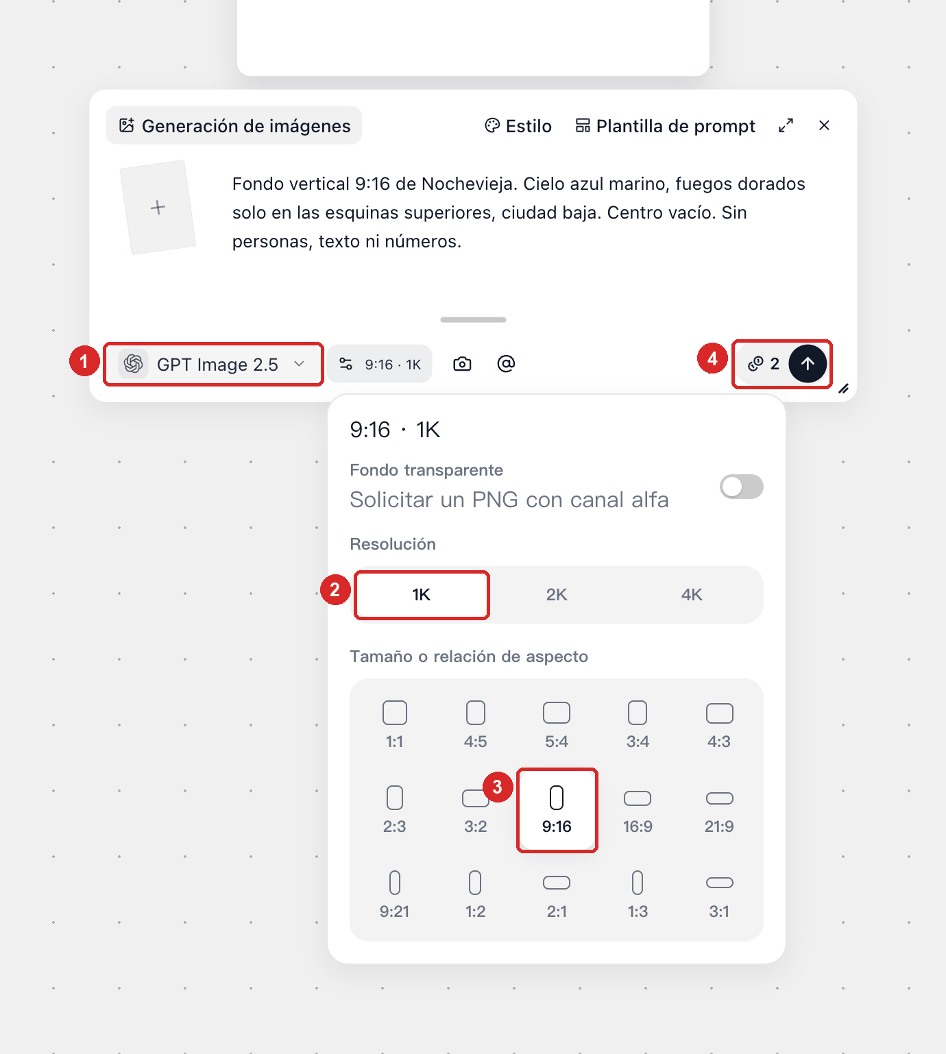 Ajustes de imagen con GPT Image 2.5, 9:16, 1K y el presupuesto de 2 créditos destacado