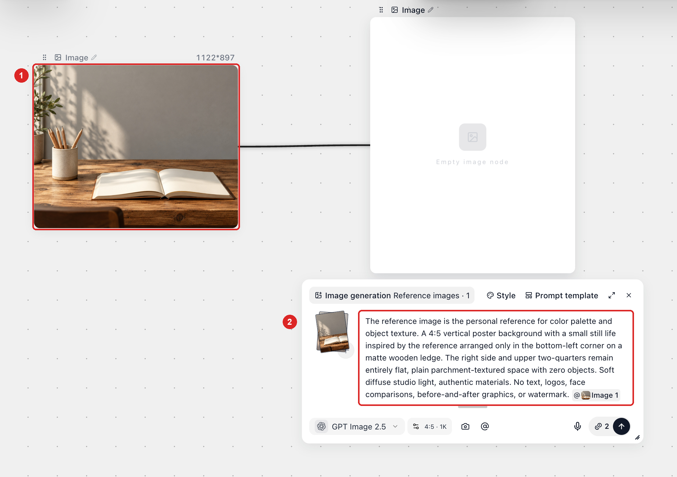 Personal reference photo connected to an image node and referenced as Image 1