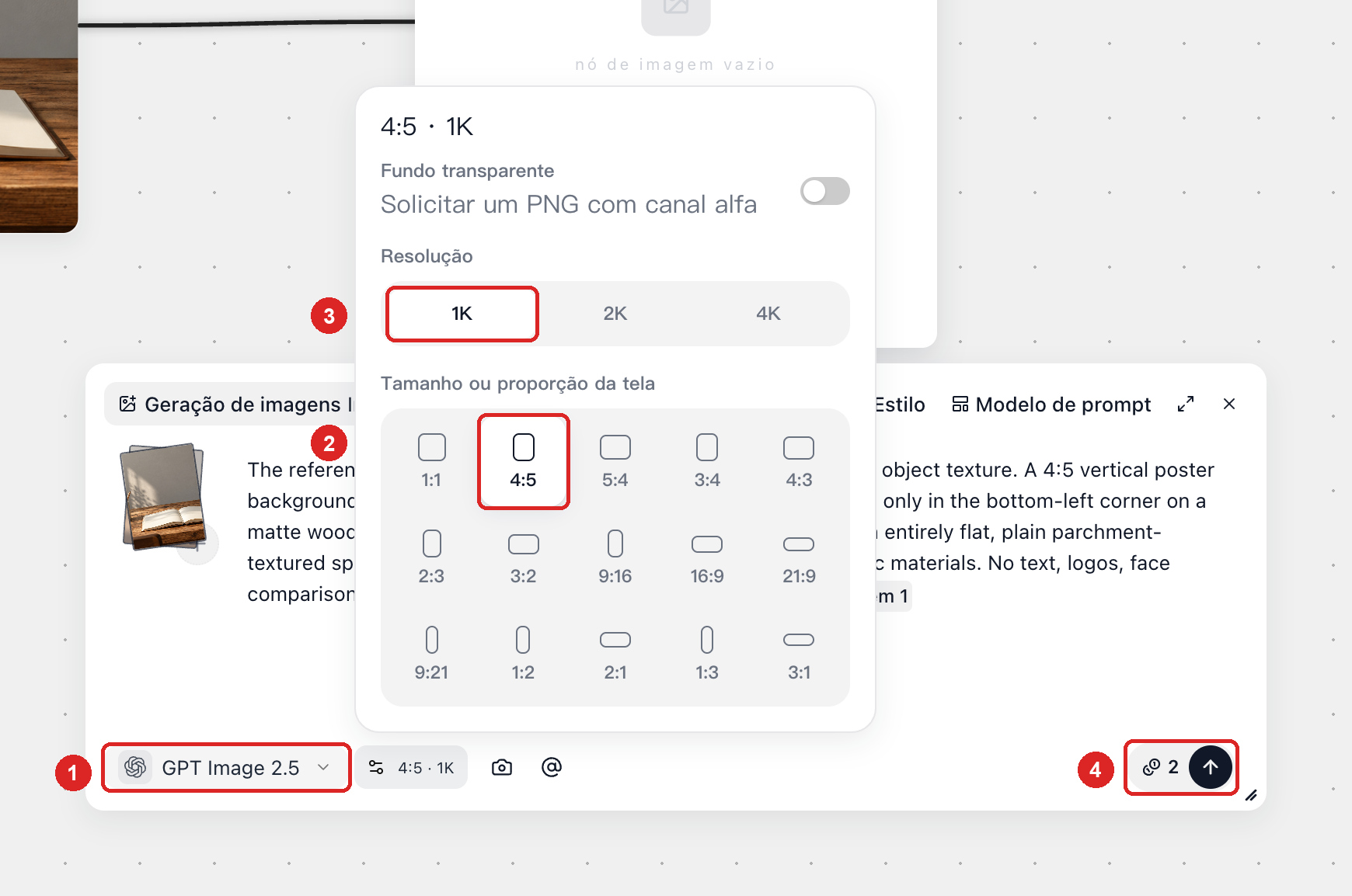 Seleção do modelo GPT Image 2.5, proporção 4:5 e resolução 1K nas Configurações de imagem