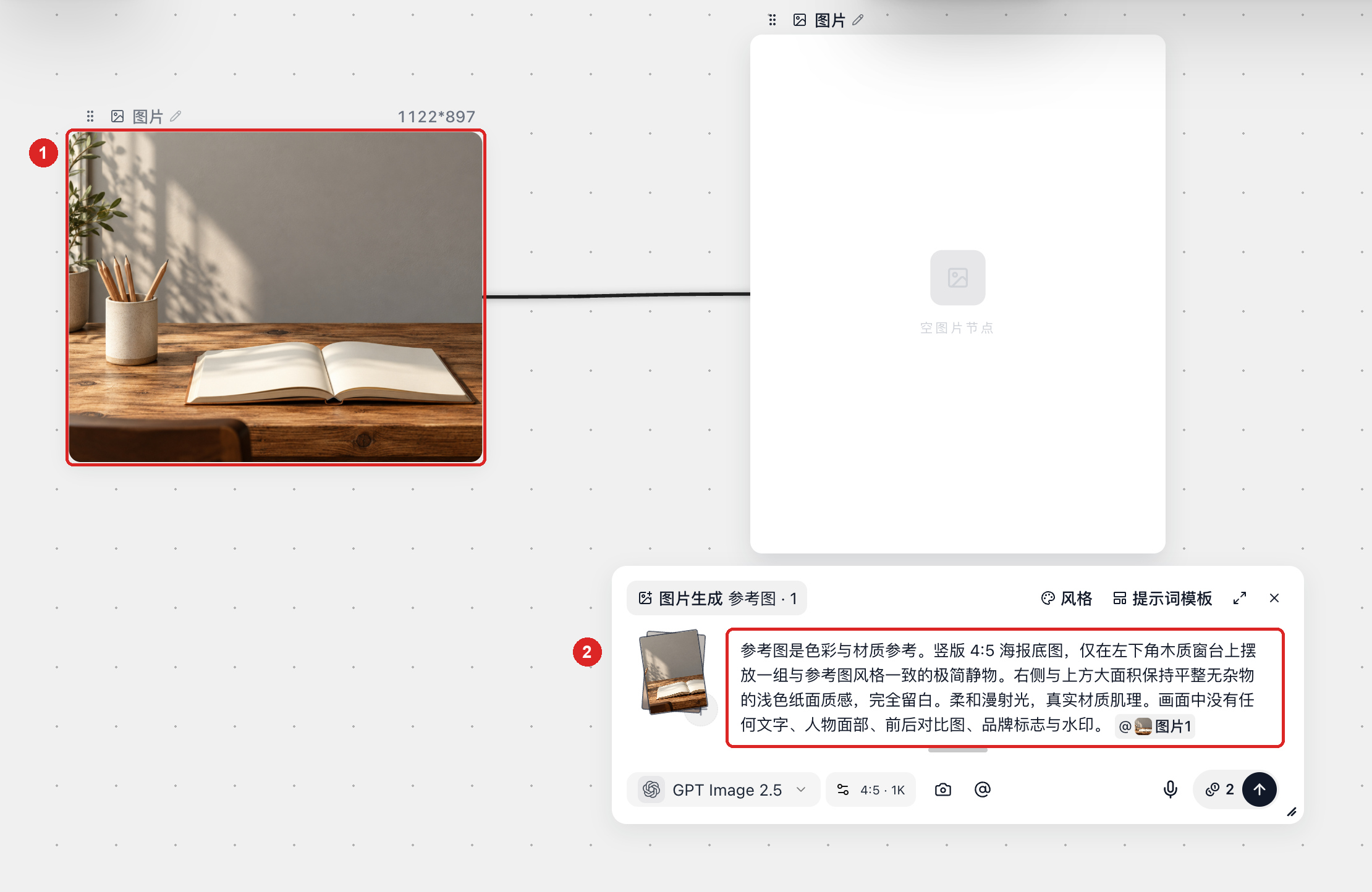 个人生活物件参考图连到图片节点，并在提示词里用 @ 引用“图片1”