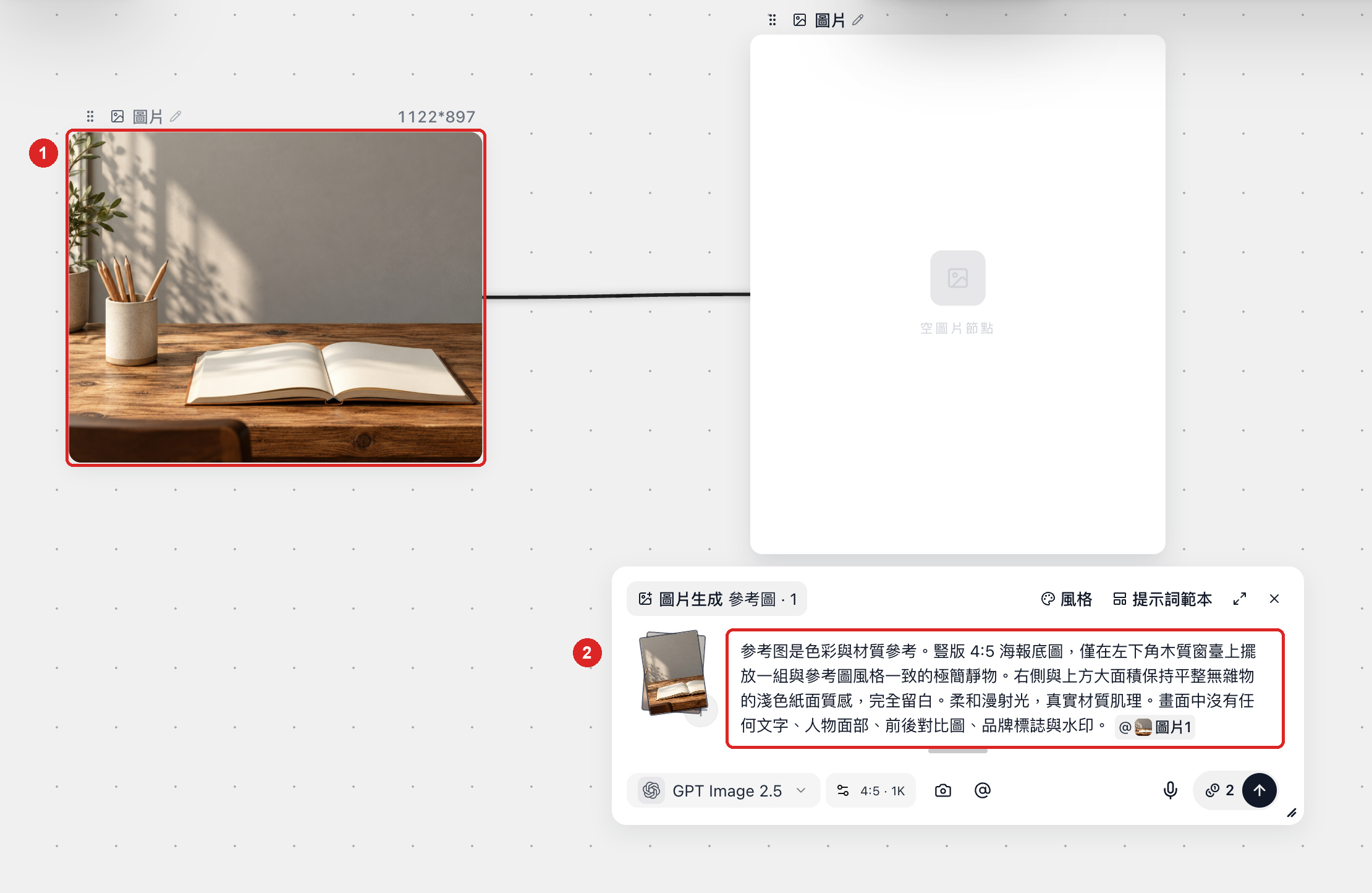 個人生活物件參考圖連到圖片節點，並在提示詞裡用 @ 引用“圖片1”