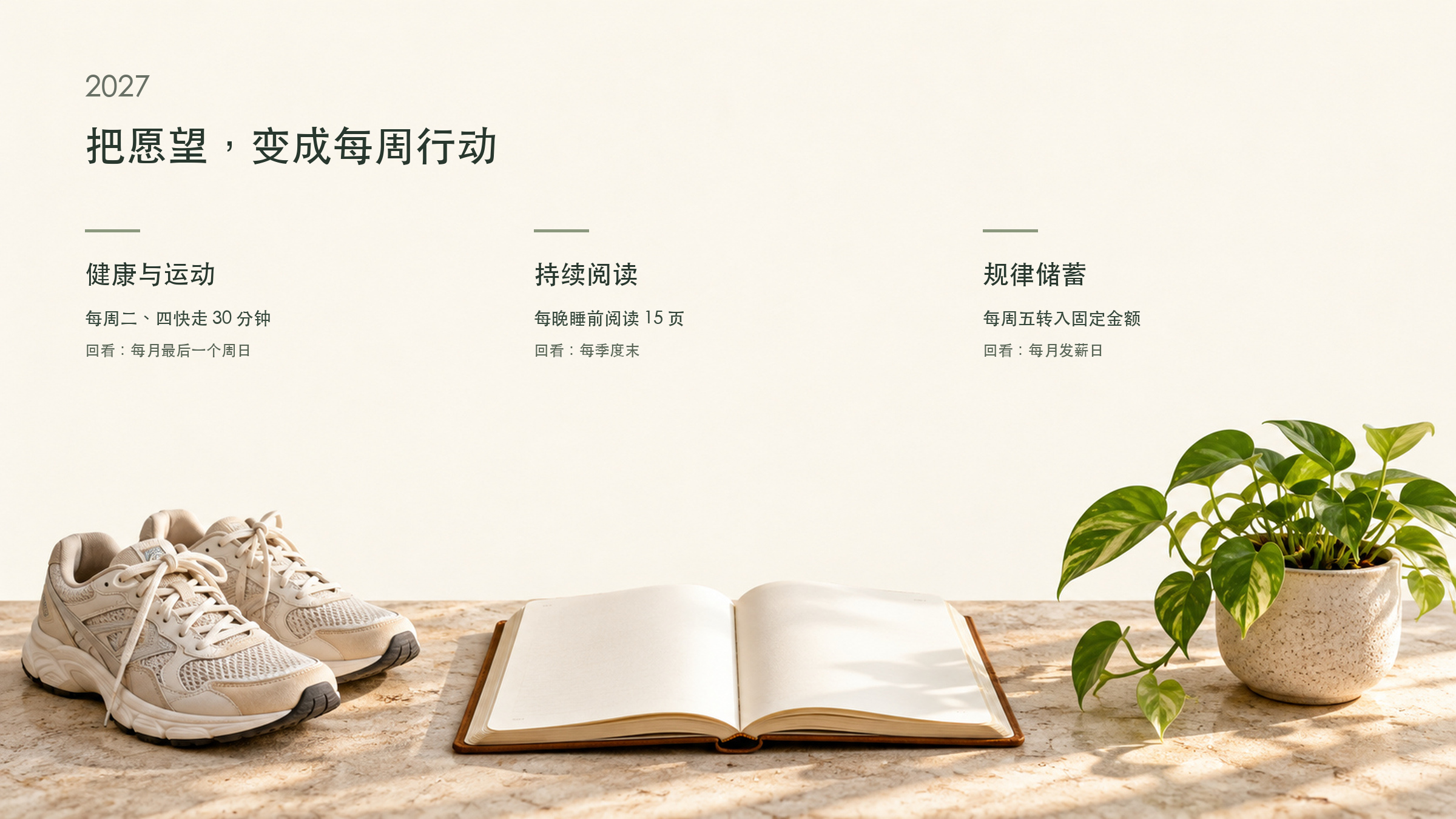 在生成的乾淨留白處排入三個核心目標、具體行動與回看日期