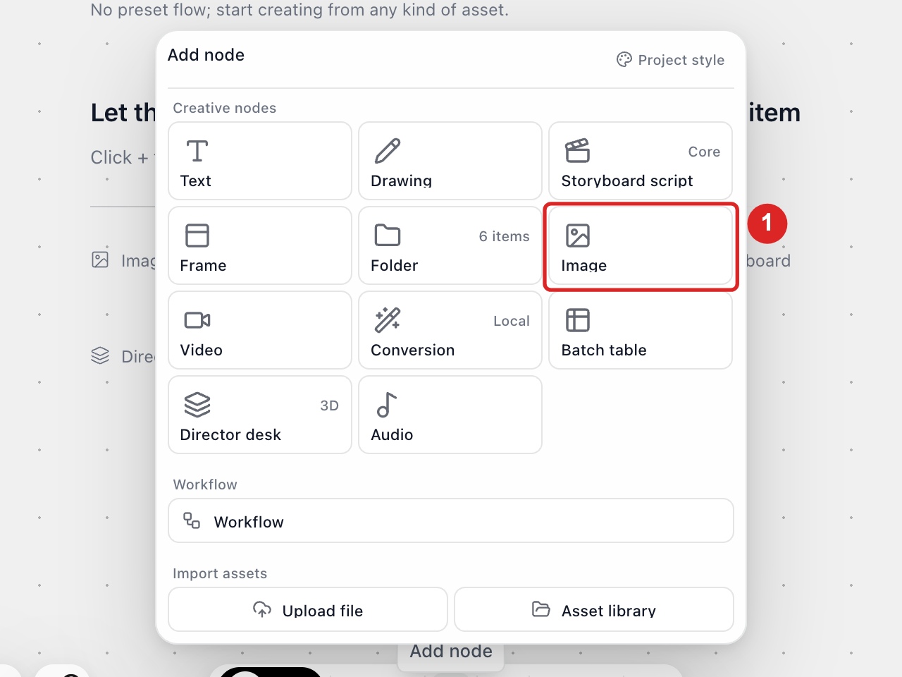 Add node toolbar menu showing Creative nodes and the Image option on DramaCanvas.