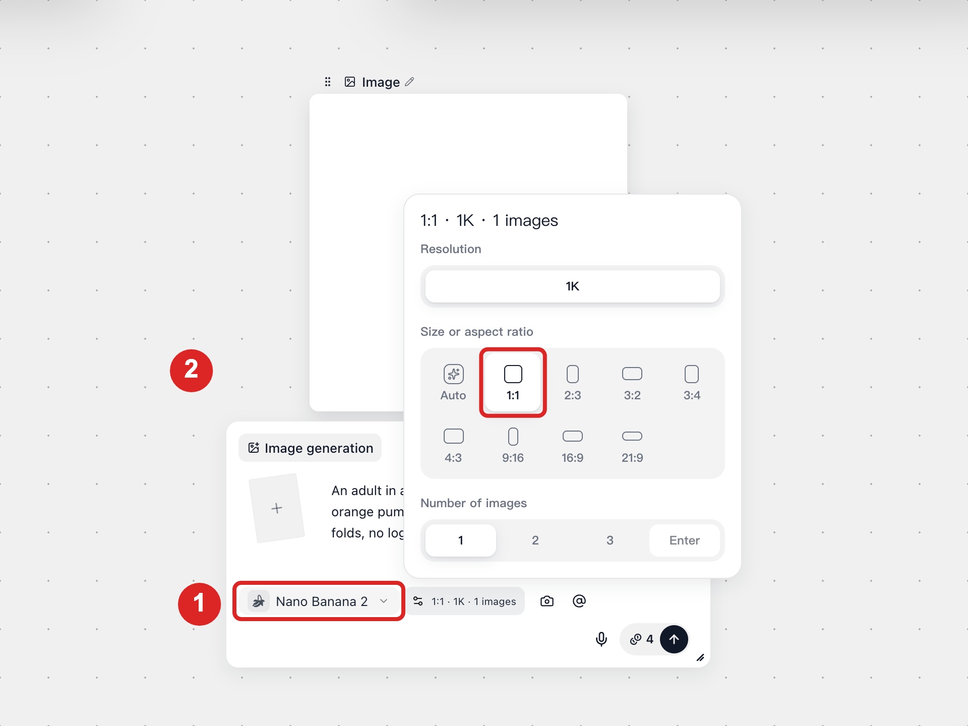Image settings popover showing model selection and aspect ratio choices.