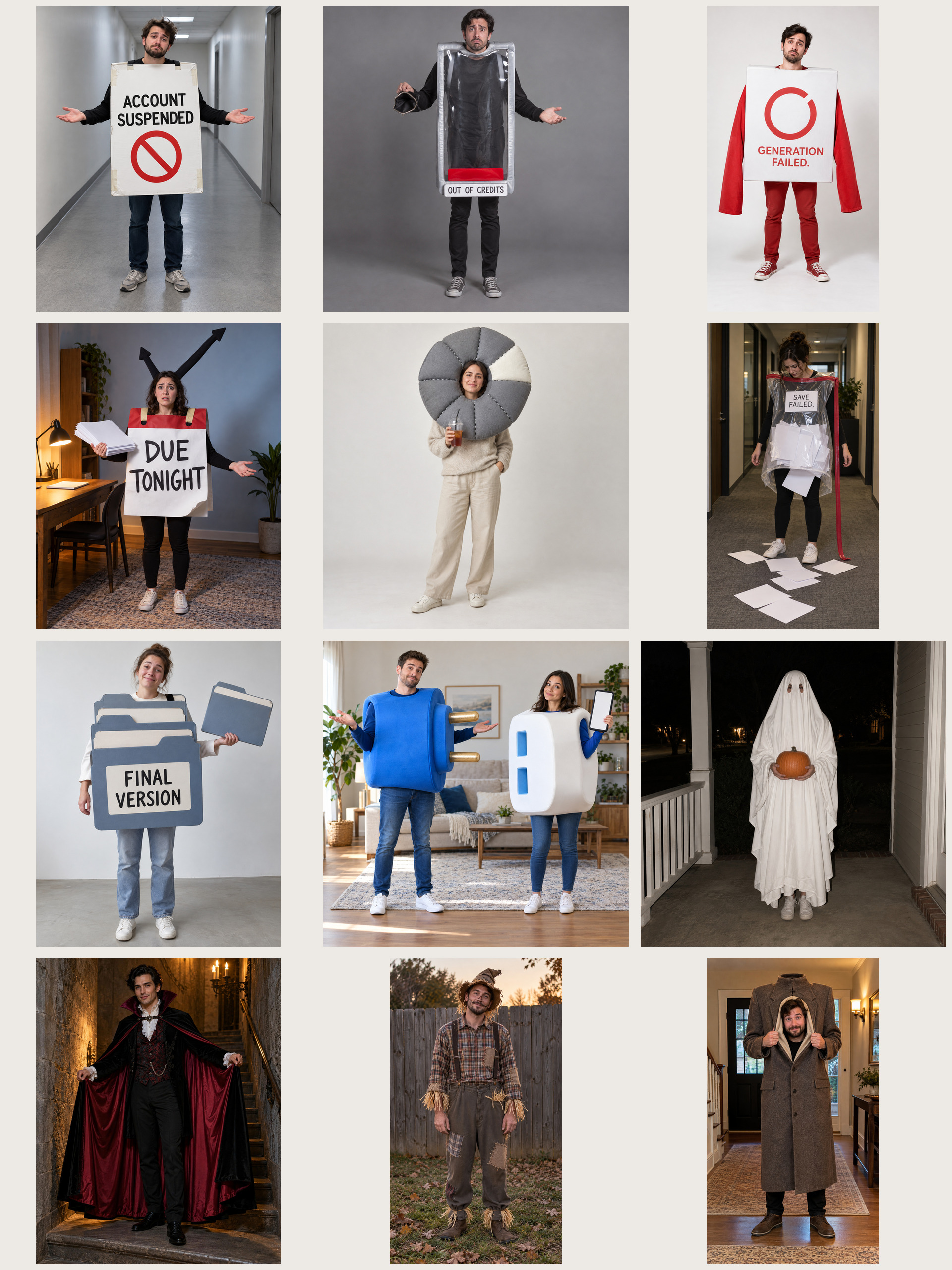 Sample grid of twelve funny and scary AI Halloween costume photos.