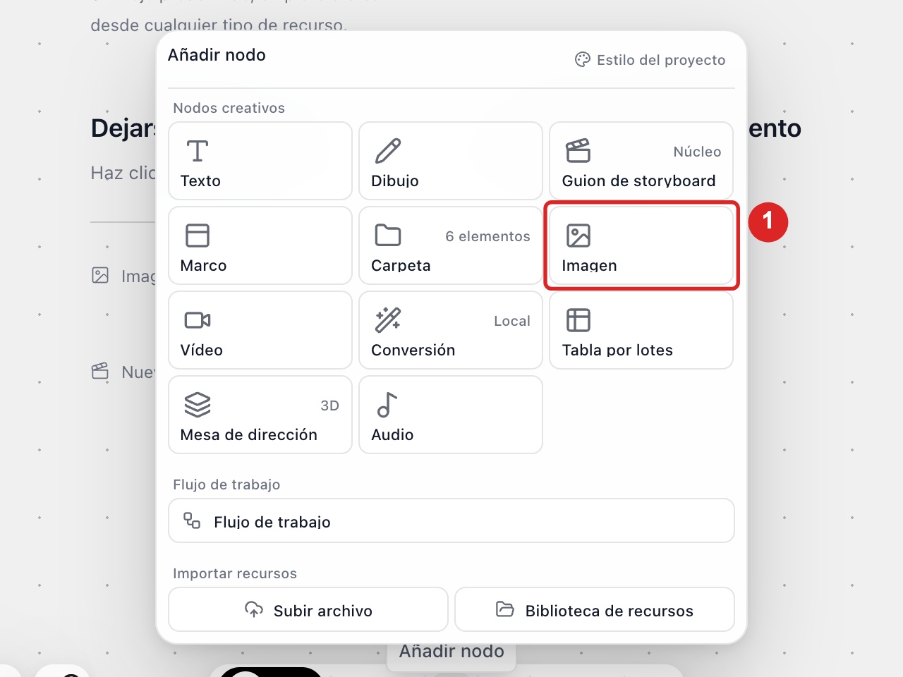 Menú «Añadir nodo» con la opción «Imagen» marcada en el lienzo