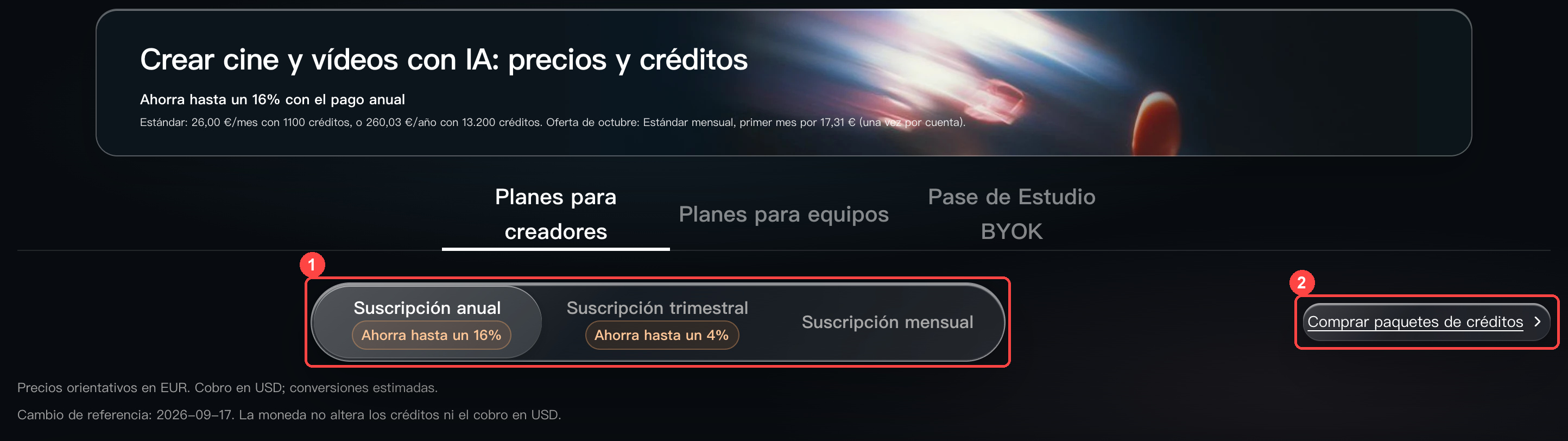 Elegir el periodo de suscripción o un paquete de créditos en la página de precios