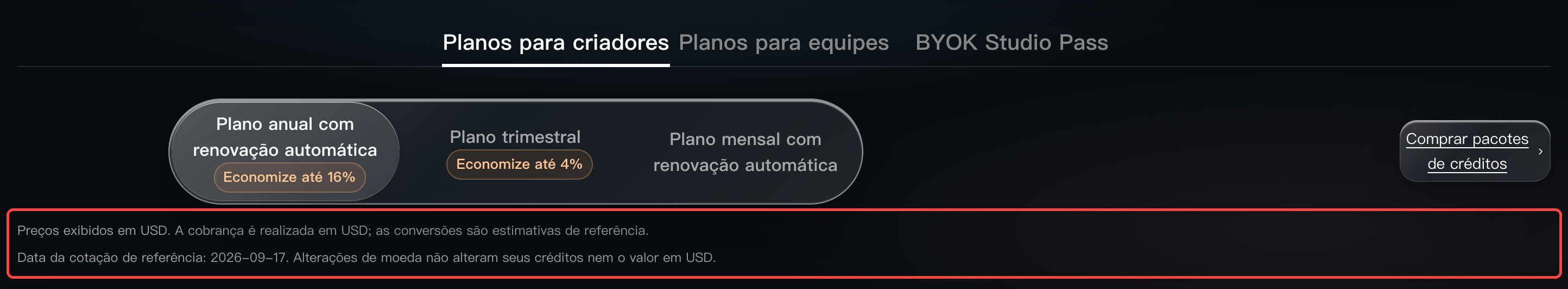 Aviso na página de preços: checkout em USD e outras moedas como estimativa