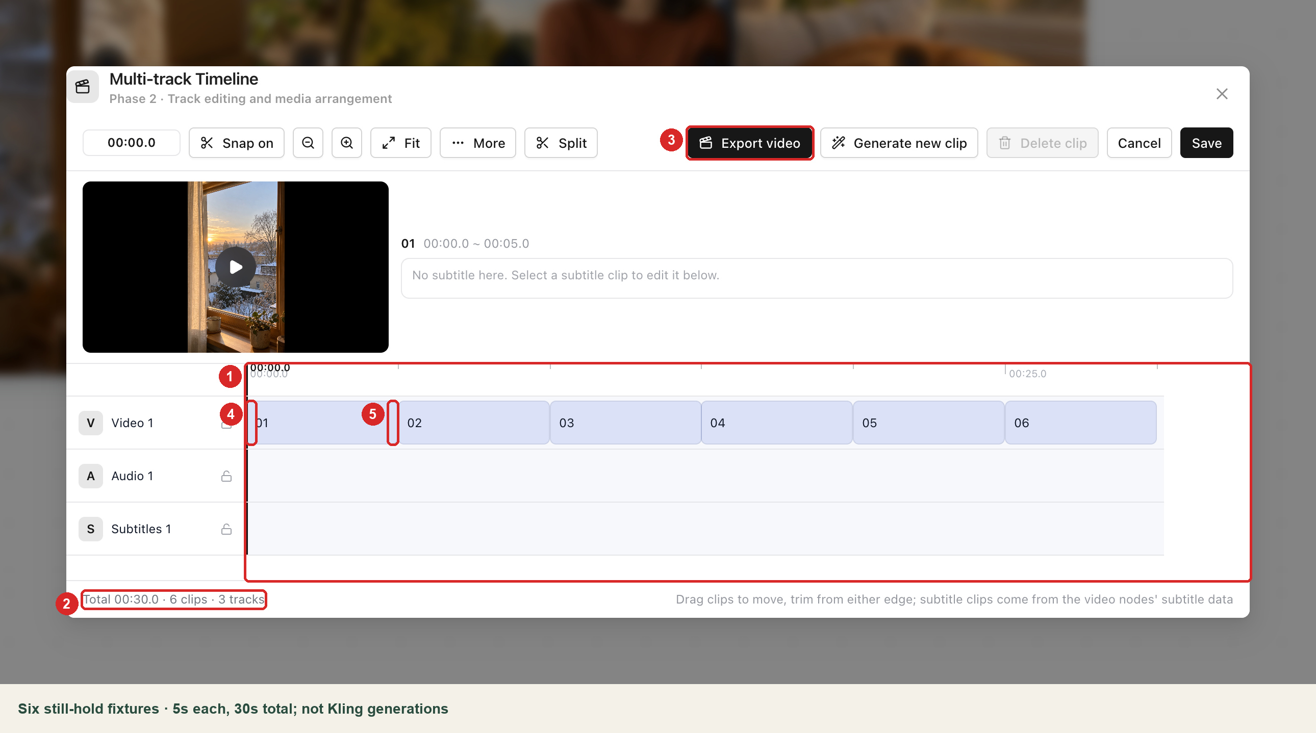 Six clips placed end to end in order, with total duration, trim edges, and Export video highlighted