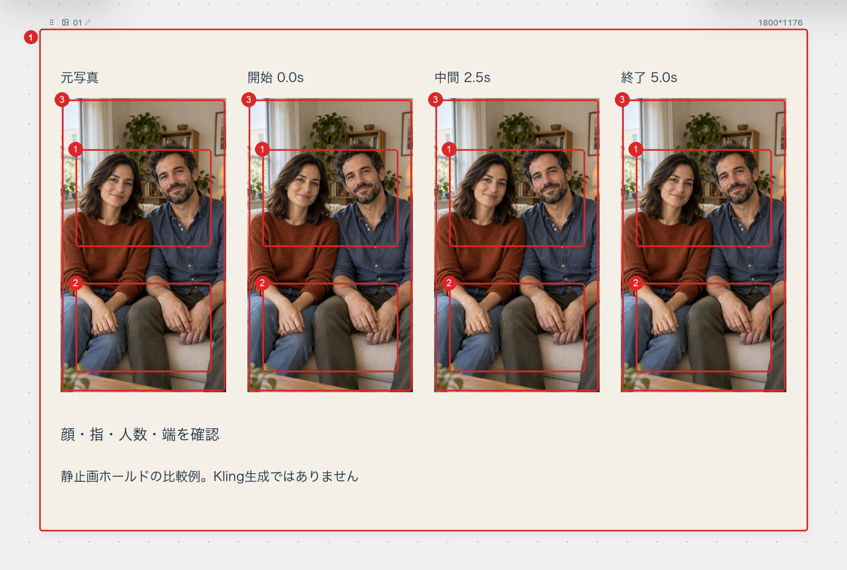 チェック例：動画の冒頭・中盤・終わりで一時停止し、元の写真と顔、手、人数、画面の端を見比べます