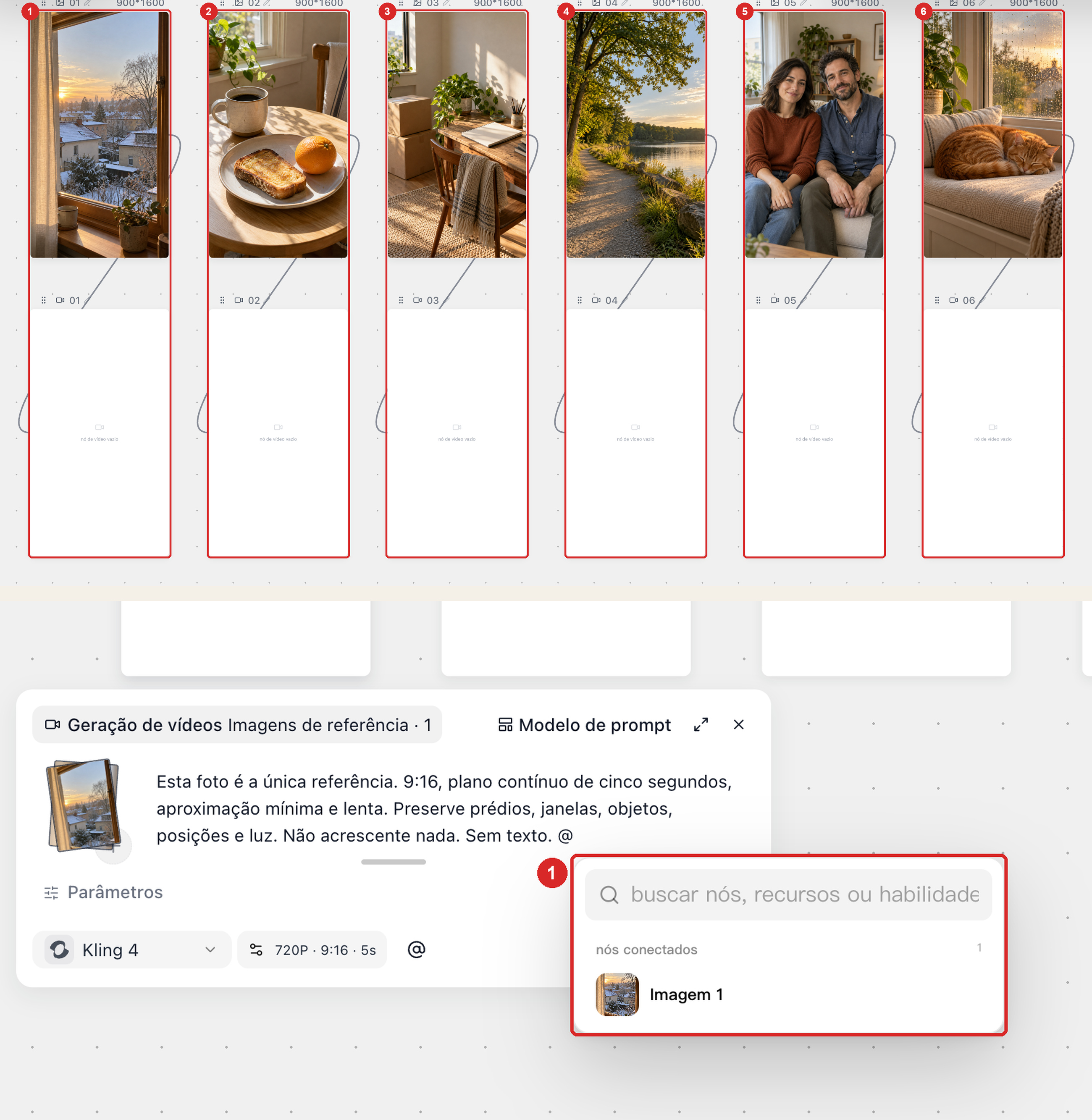 Seis pares separados de foto para vídeo numerados de 01 a 06, com destaque para a primeira miniatura de entrada e a referência @ ampliada