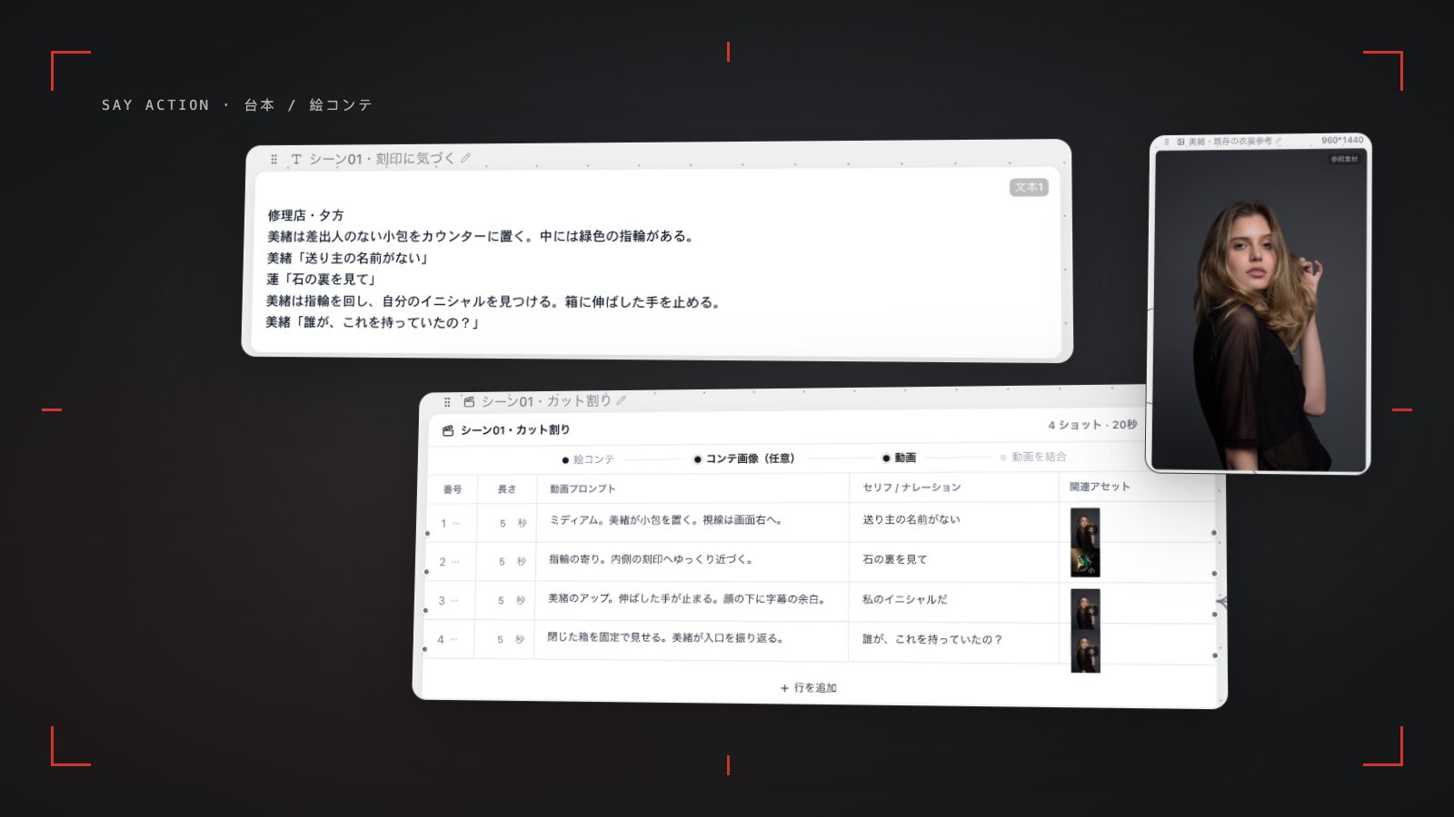 Japanese practice dialogue and stage directions beside the shot table and portrait